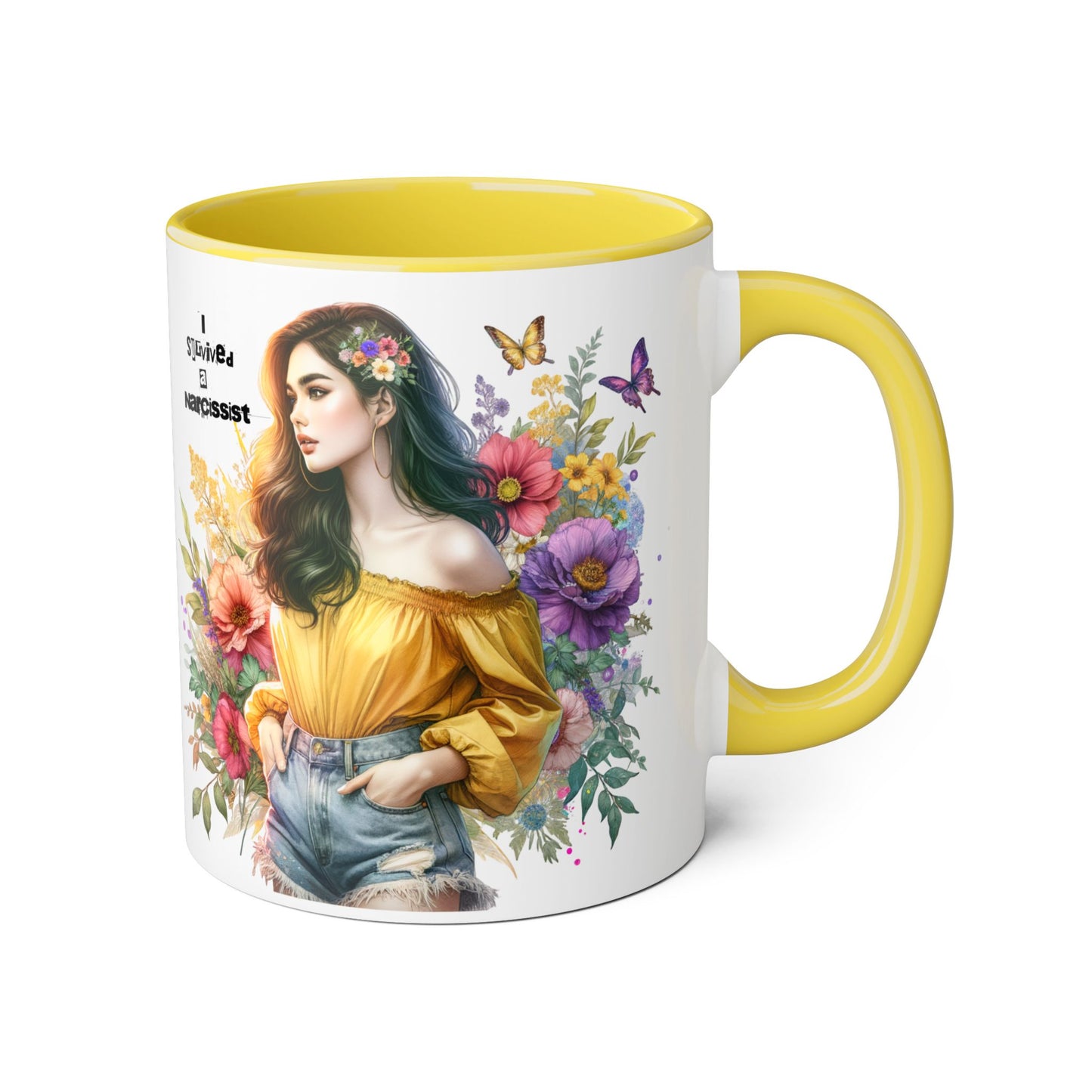 I Survived a Narcissist Chic Floral Accent Mug | Bohemian Coffee Cup, Gift for Her, Narcissist Humor, Home Decor, Artful Drinkware