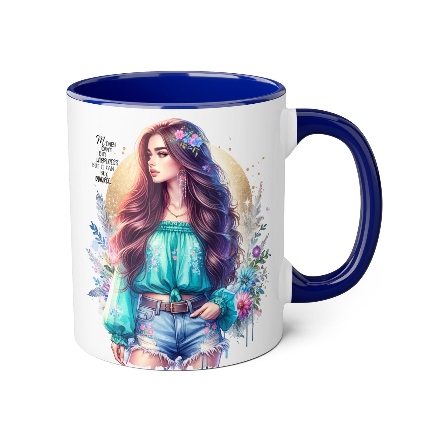 Money Can't Buy Happiness But It Can Buy Divorce Humoristic Inspirational Accent Mug, 11oz Coffee Cup for Boho Lovers, Unique Gift for Women, Flower Art Mug, Home Decor, Birthday Celebration