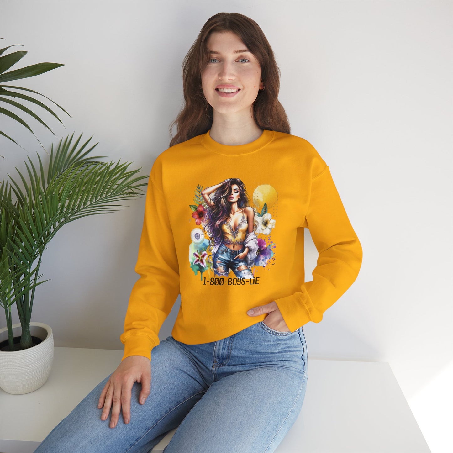 1-800-Boys-Lie Boho Chic Crewneck Sweatshirt with Floral Design, Unisex Gift, Self-Love Apparel, Cozy Casual Wear, Perfect for Relaxation