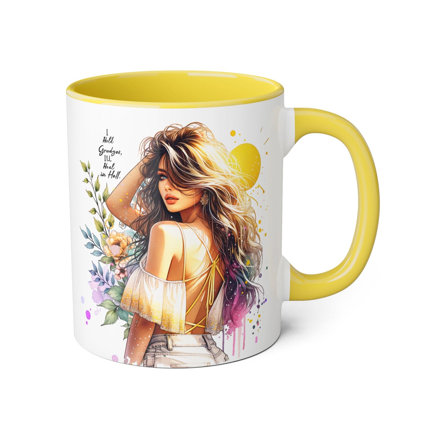 I Hold Grudges, I'll Heal in Hell Humoristic Artistic Accent Mugs, Floral Sunset Mug, Inspirational Coffee Cup, Unique Gift for Her, Bohemian Style Drinkware