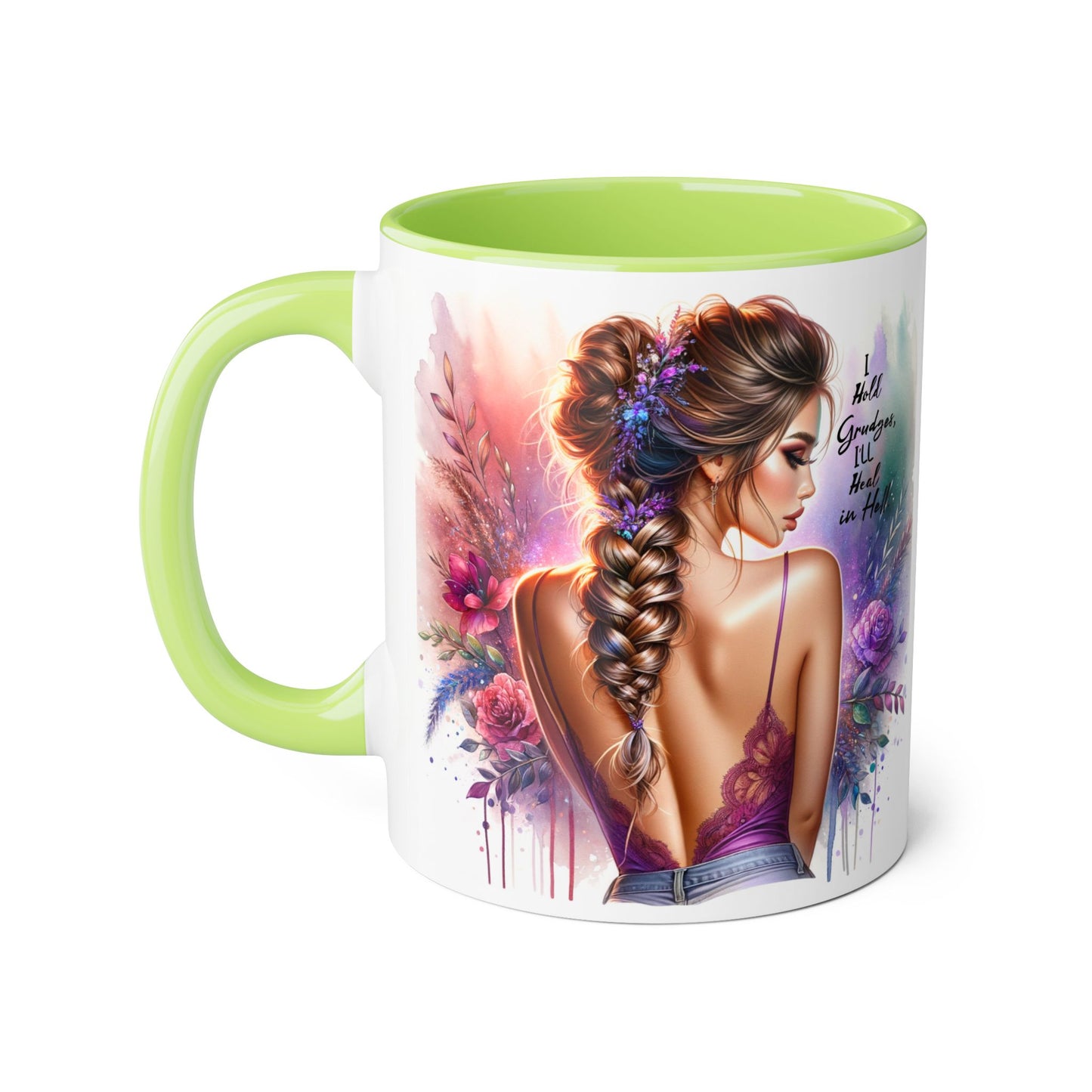 I Hold Grudges, I'll Heal in Hell Artistic Black Accent Mug, Inspirational Coffee Cup, Unique Gift for Her, Flower Design Tea Mug, Stylish Drinkware for Every Occasion