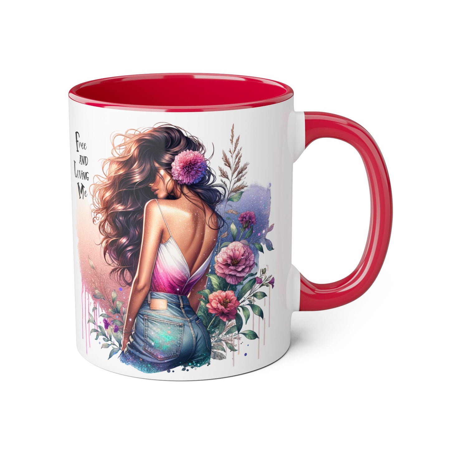 Free and Loving Me Boho Floral Accent Mug, 11oz Coffee Cup, Inspirational Mug for Women, Gift for Friends, Cozy Home Decor, Self-Love Reminder