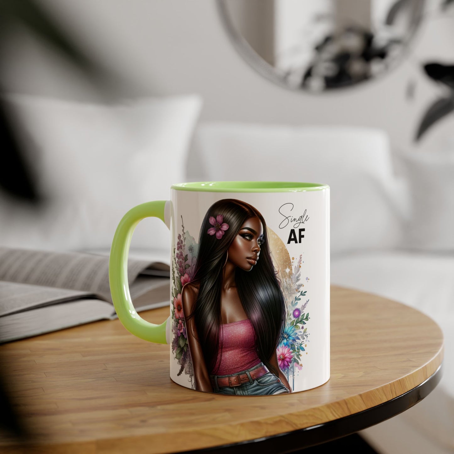 Single AF Stylish Accent Mug, Beautiful Coffee Cup, Unique Gift for Her, Trendy Drinkware, Floral Design Mug, Inspirational Sip