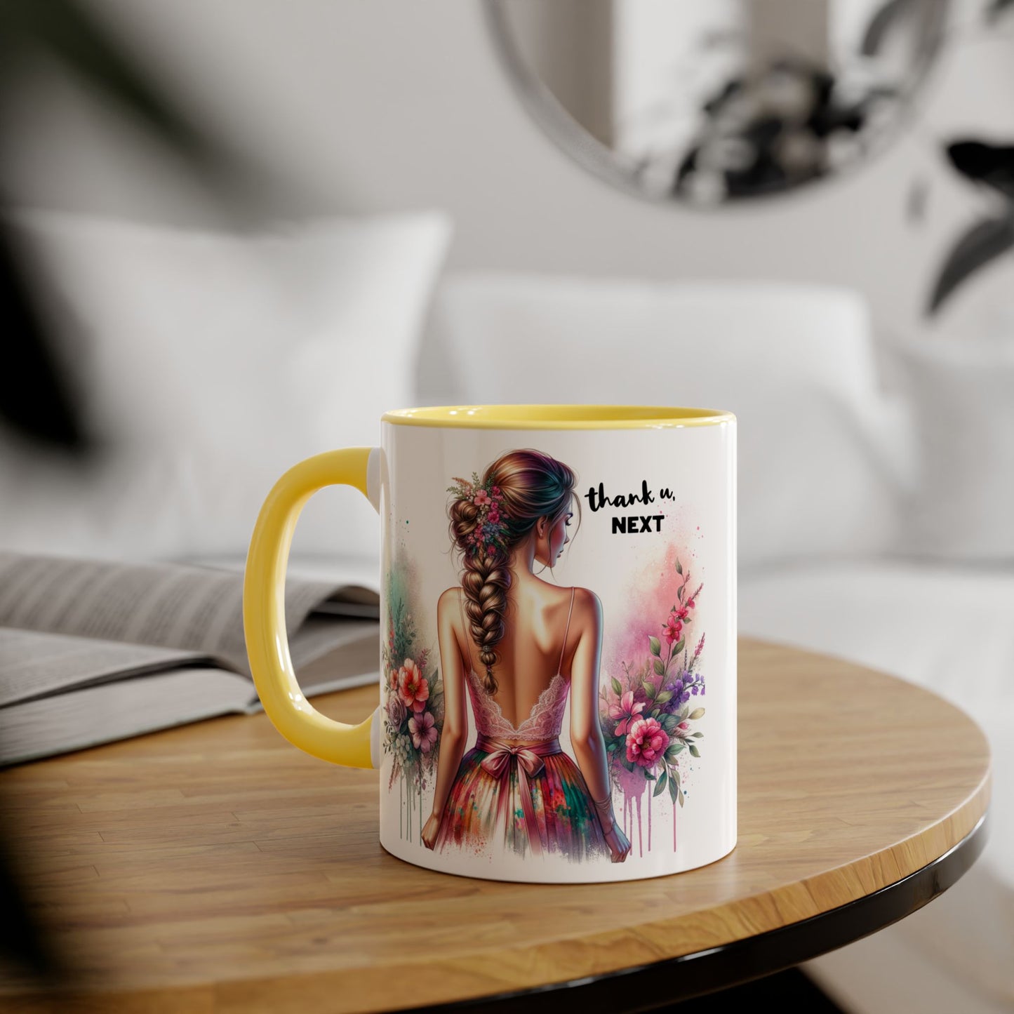 Thank U, Next Artistic Floral Accent Mug, Thank U Next Coffee Cup, Colorful Tea Mug, Gift for Her, Inspirational Art Drinkware