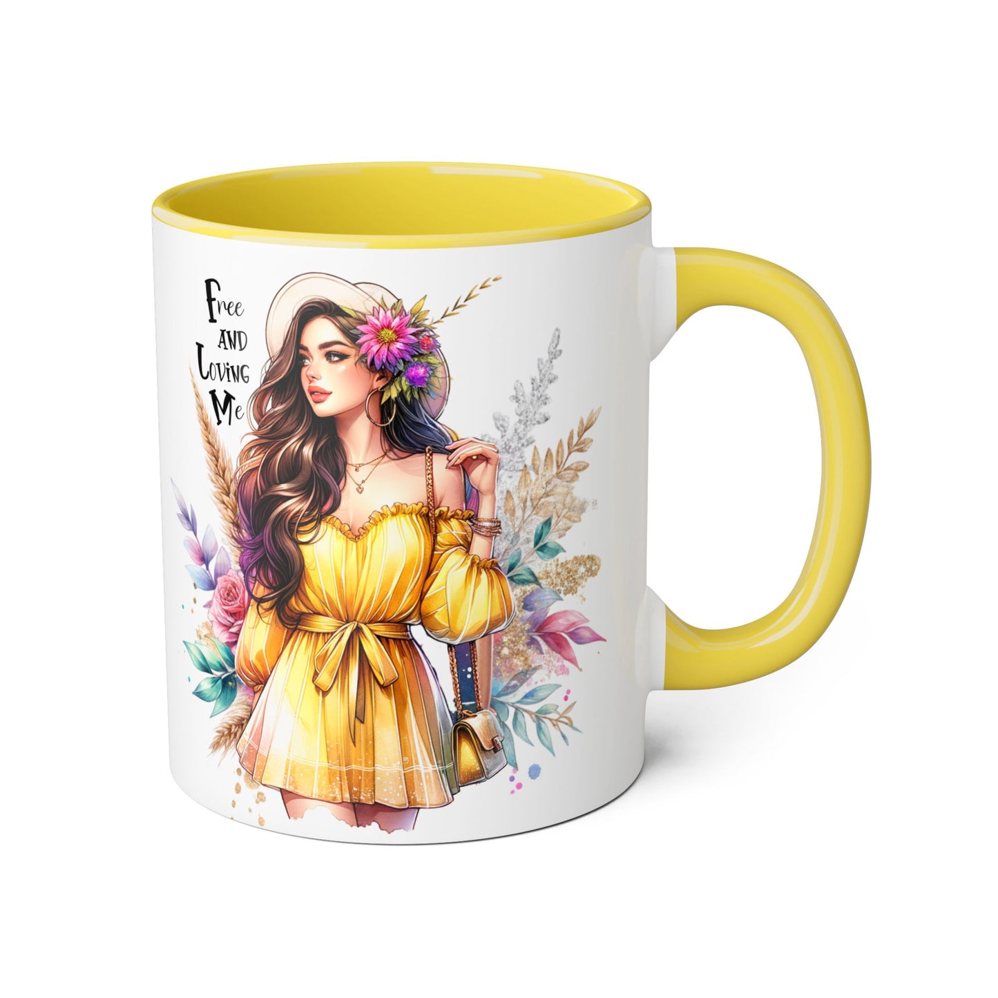 Free and Loving Me Bold Boho Accent Mug, Artistic Coffee Cup, Unique Gift for Women, Inspirational Kitchenware, Floral Design, Birthday Mug