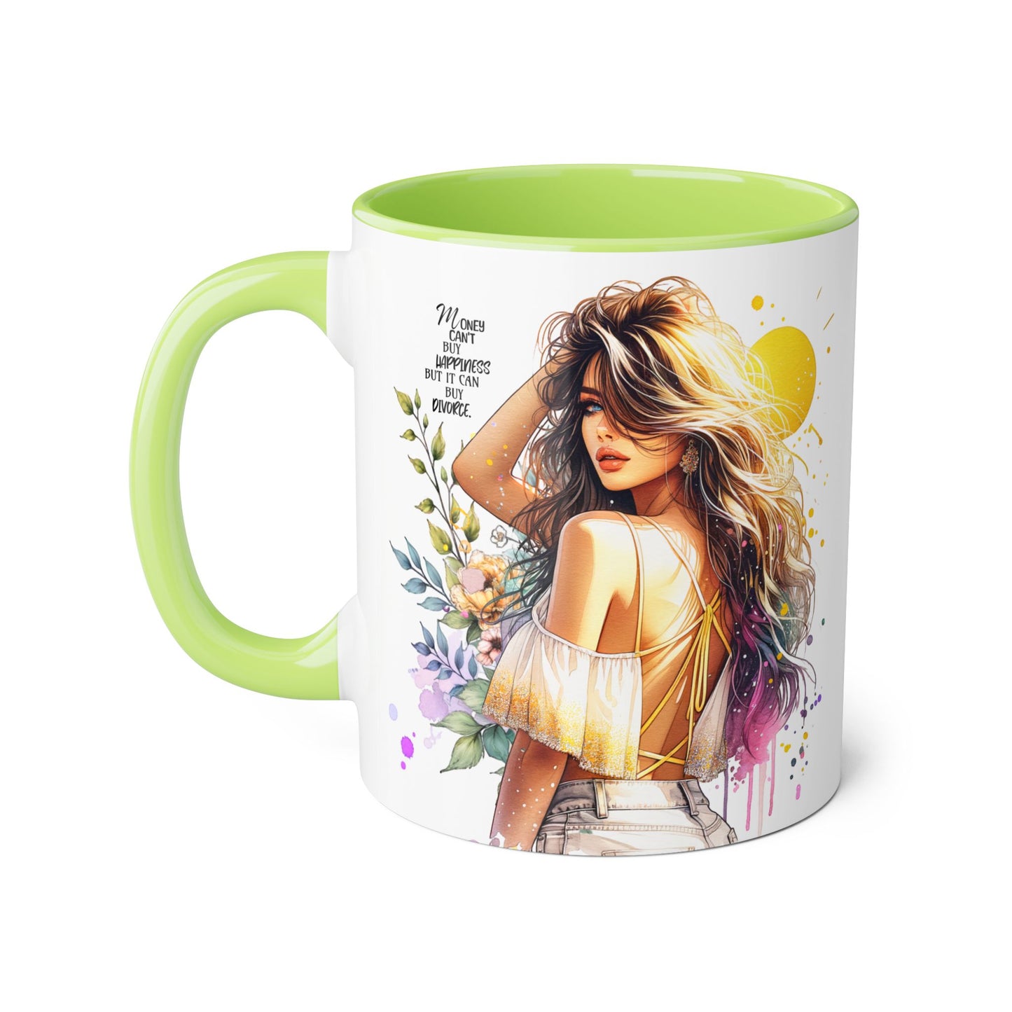Money Can't Buy Happiness But It Can Buy Divorce Humoristic Artistic Accent Mugs, Ideal Gift for Mother's Day, Flower Lover, Cheerful Home Decor, Inspirational Drinkware, Unique Coffee Collection