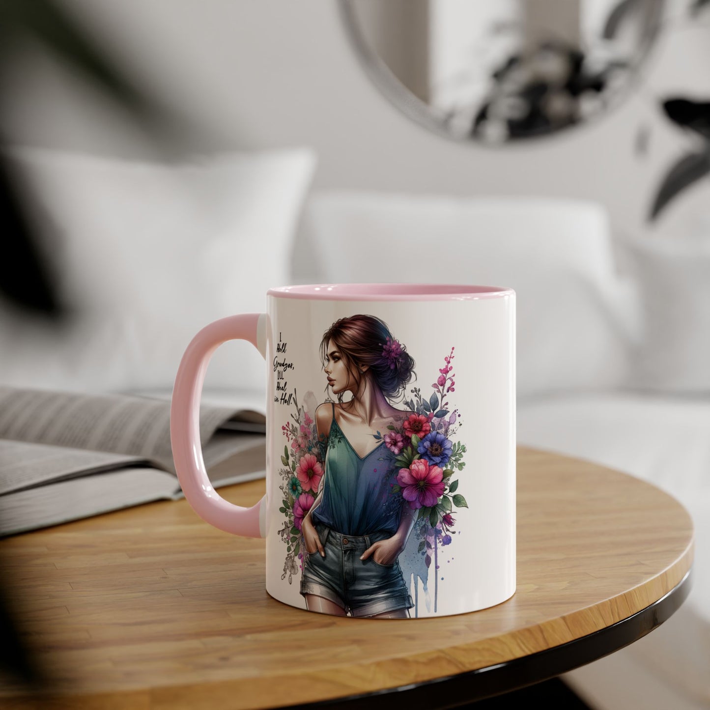 I Hold Grudges, I'll Heal in Hell Humoristic Floral Accent Mug, 11oz Coffee Cup for Grandma, Gift for Her, Birthday Present, Mother's Day, Home Decor, Floral Design