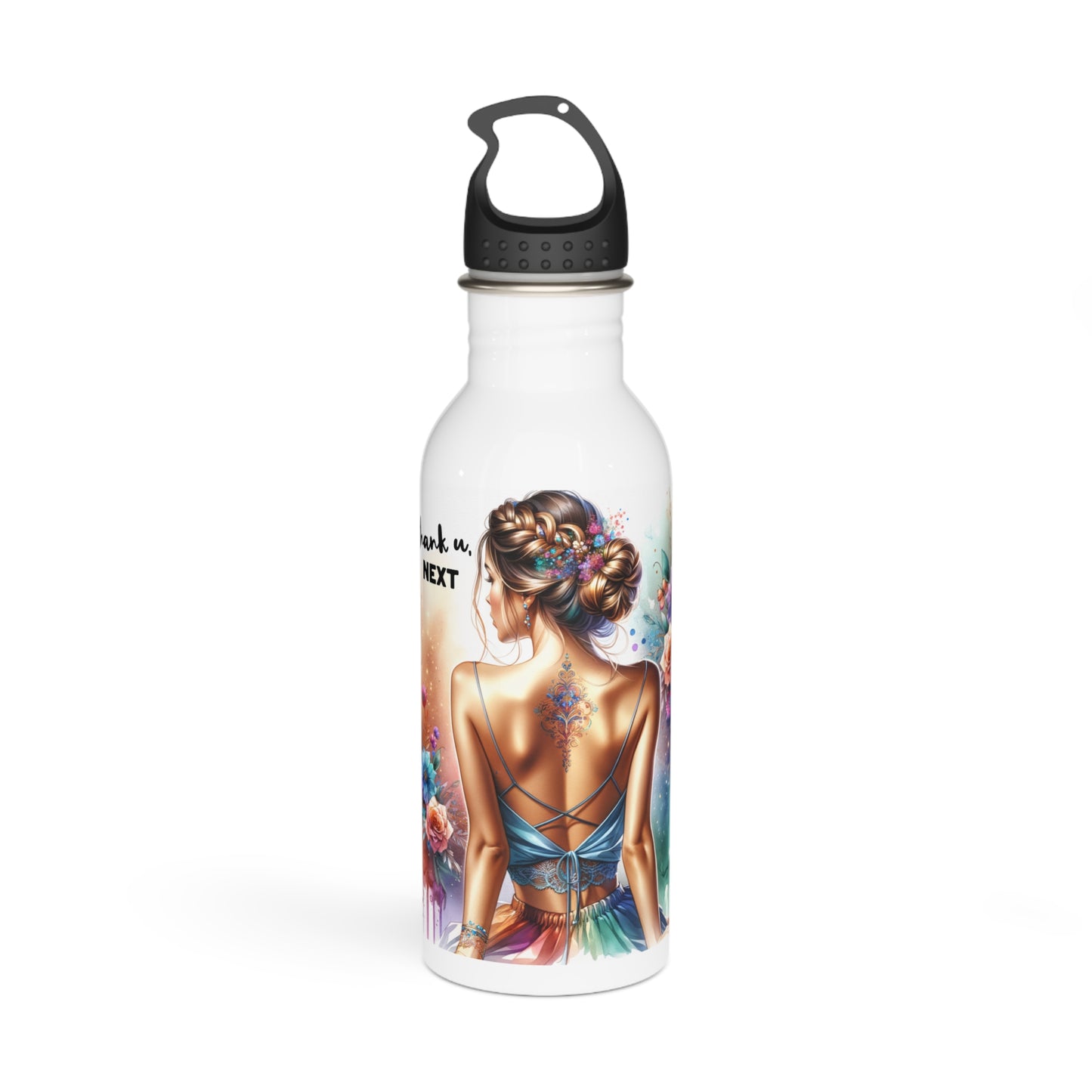 Thank U, Next Artistic Stainless Steel Water Bottle - Unique Gift for Fitness, Travel, or Eco-Friendly Enthusiasts, Hydration, Floral Design