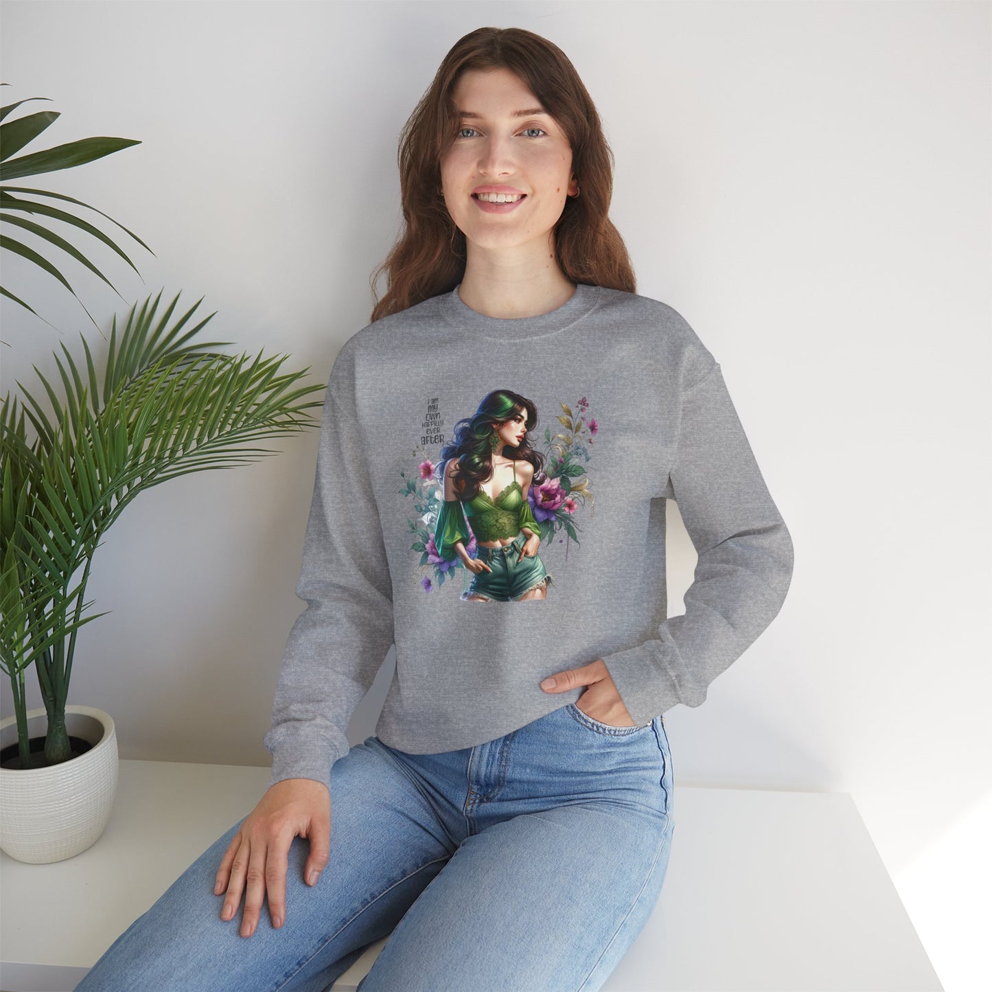 I Am My Own Happily Ever After Heroine Floral Sweatshirt | Unisex Cozy Crewneck, Gift for Her, Vintage Style, Plant Lover's Apparel, Superhero Inspired