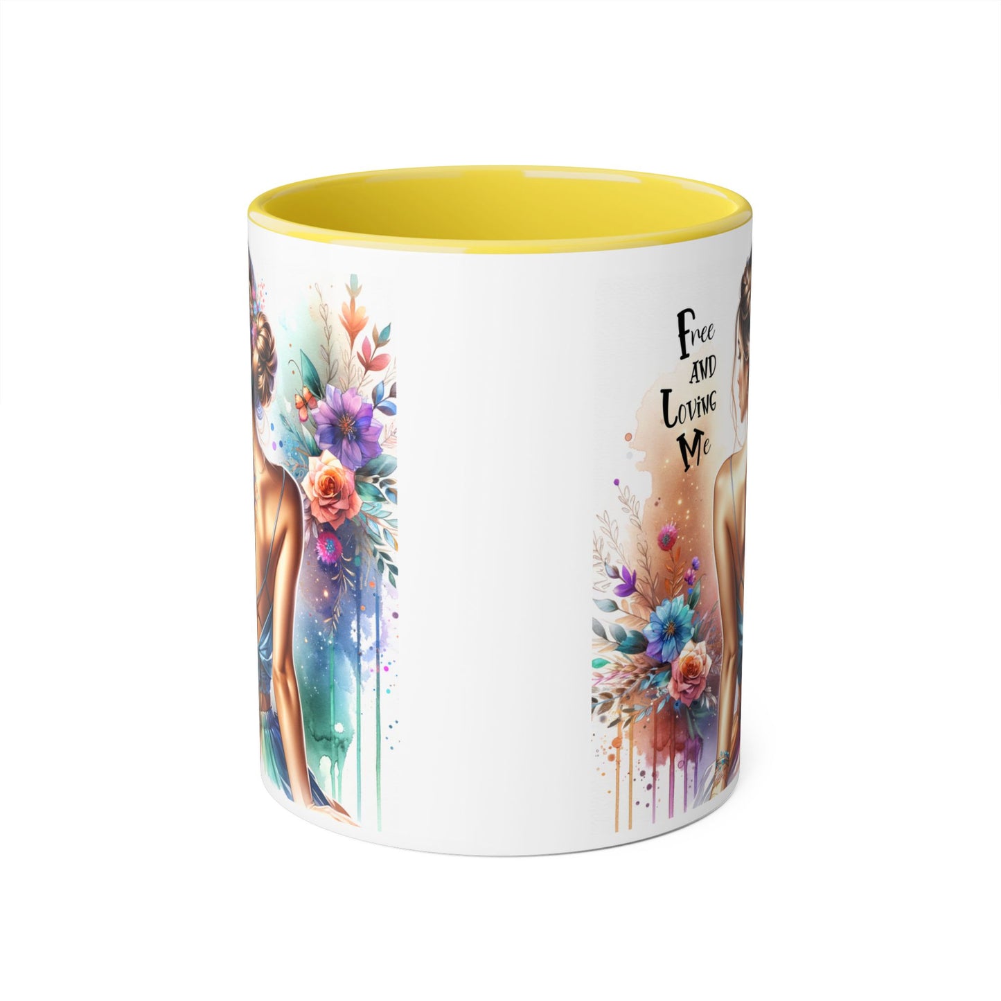 Artistic Floral Accent Mug, Free and Loving Me Ceramic Coffee Cup, Inspirational Gift, Unique Drinkware, Bohemian Style Mug