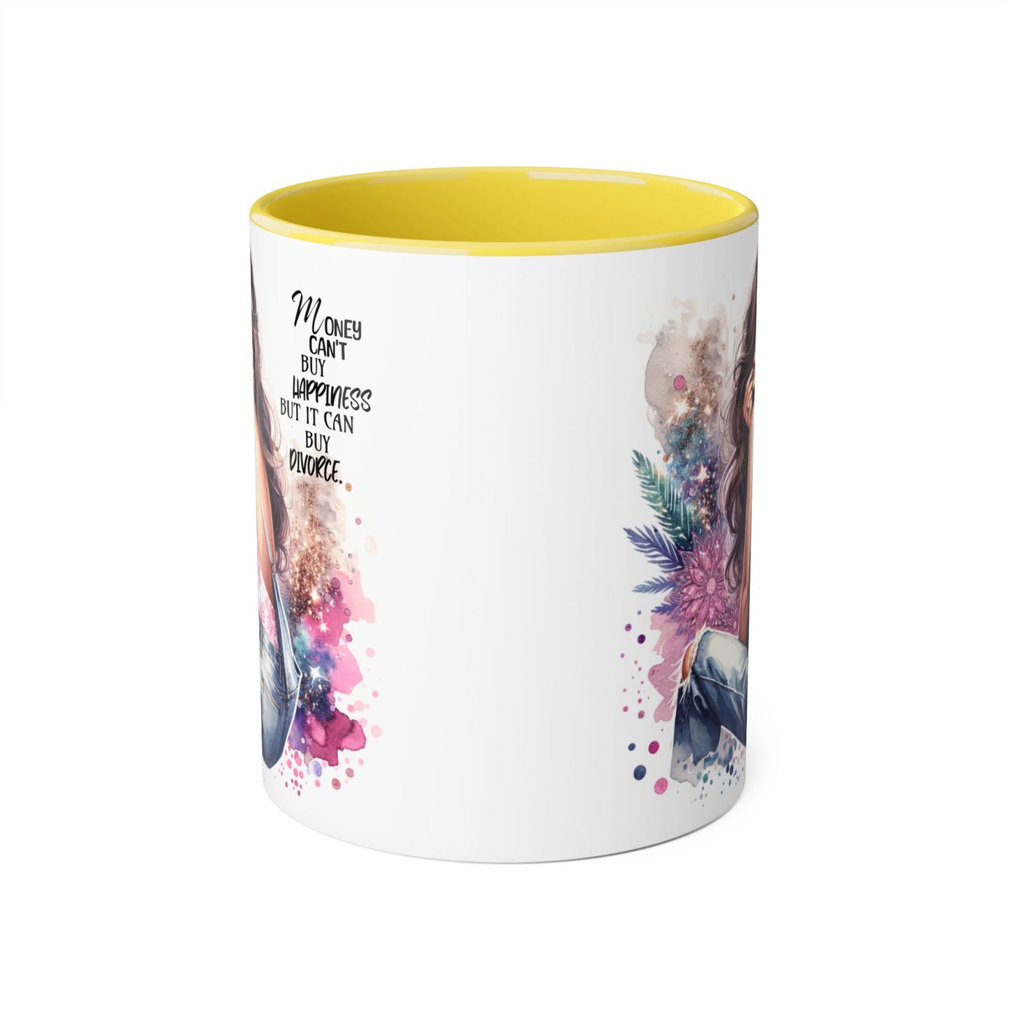Money Can't Buy Happiness But It Can Buy Divorce Humoristic Artistic Inspirational Mug, Stylish Coffee Cup for Motivation, Unique Gift for Friends, Home Décor, Floral Design