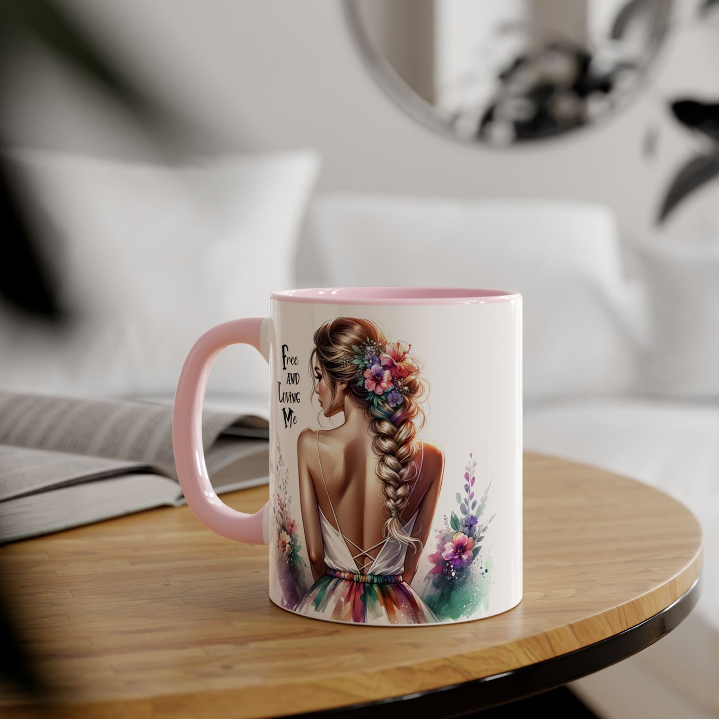 Free and Loving Me Floral Art Accent Mug - Inspirational Drinkware for Home and Gifts, Coffee Mug, Tea Cup, Birthday Present, Motivational Quote