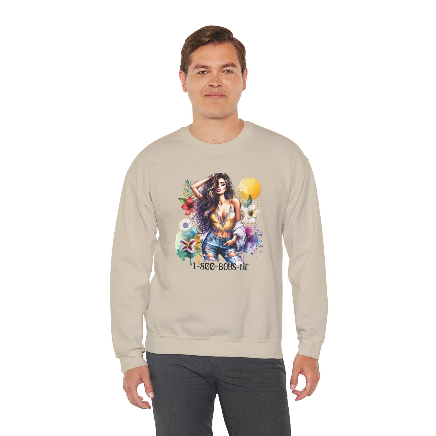 1-800-Boys-Lie Boho Chic Crewneck Sweatshirt with Floral Design, Unisex Gift, Self-Love Apparel, Cozy Casual Wear, Perfect for Relaxation