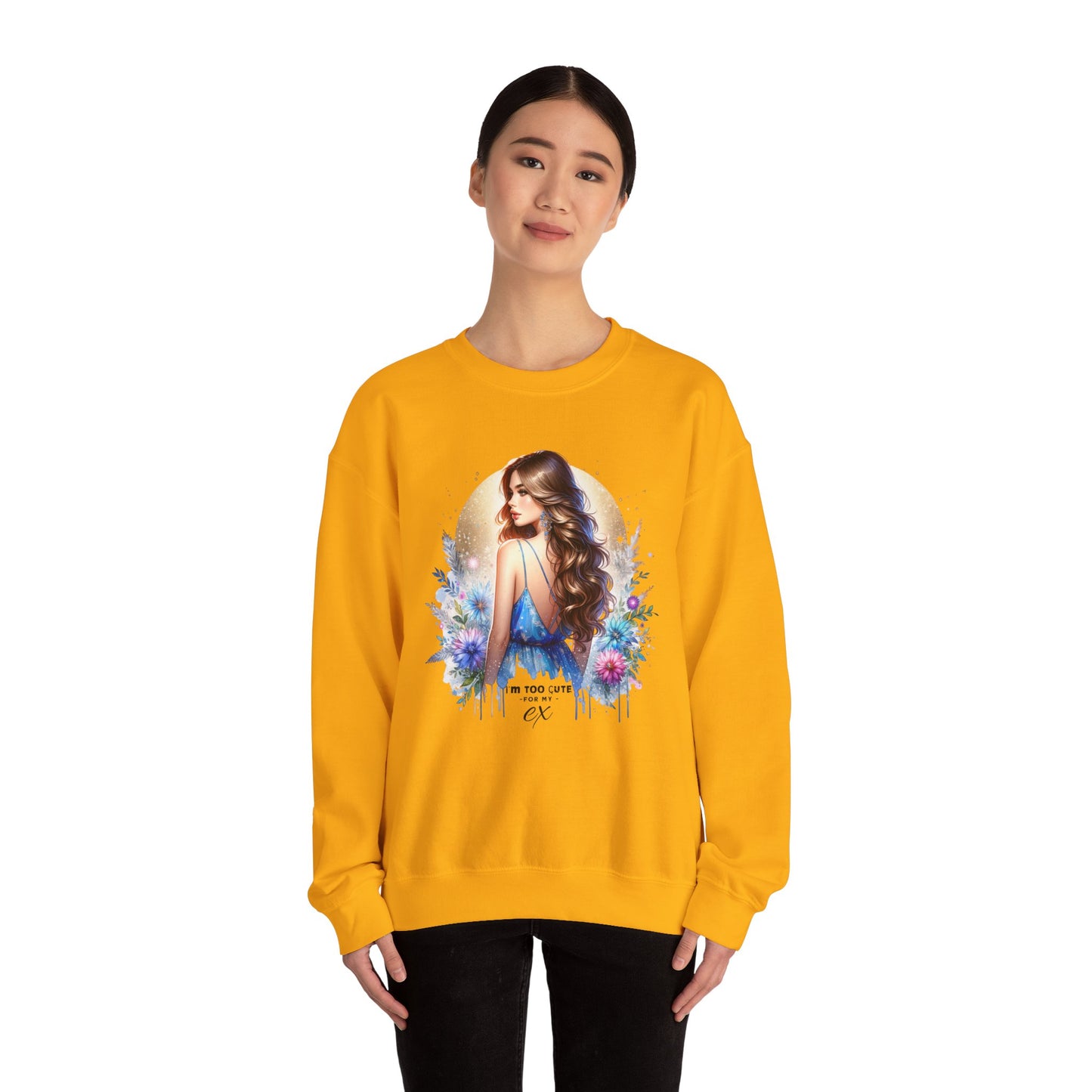 I'm Too Cute For My Ex Artistic Floral Crewneck Sweatshirt with Elegant Woman Design, Cozy Pullover, Gift for Her, Trendy Apparel, Perfect for Everyday Wear