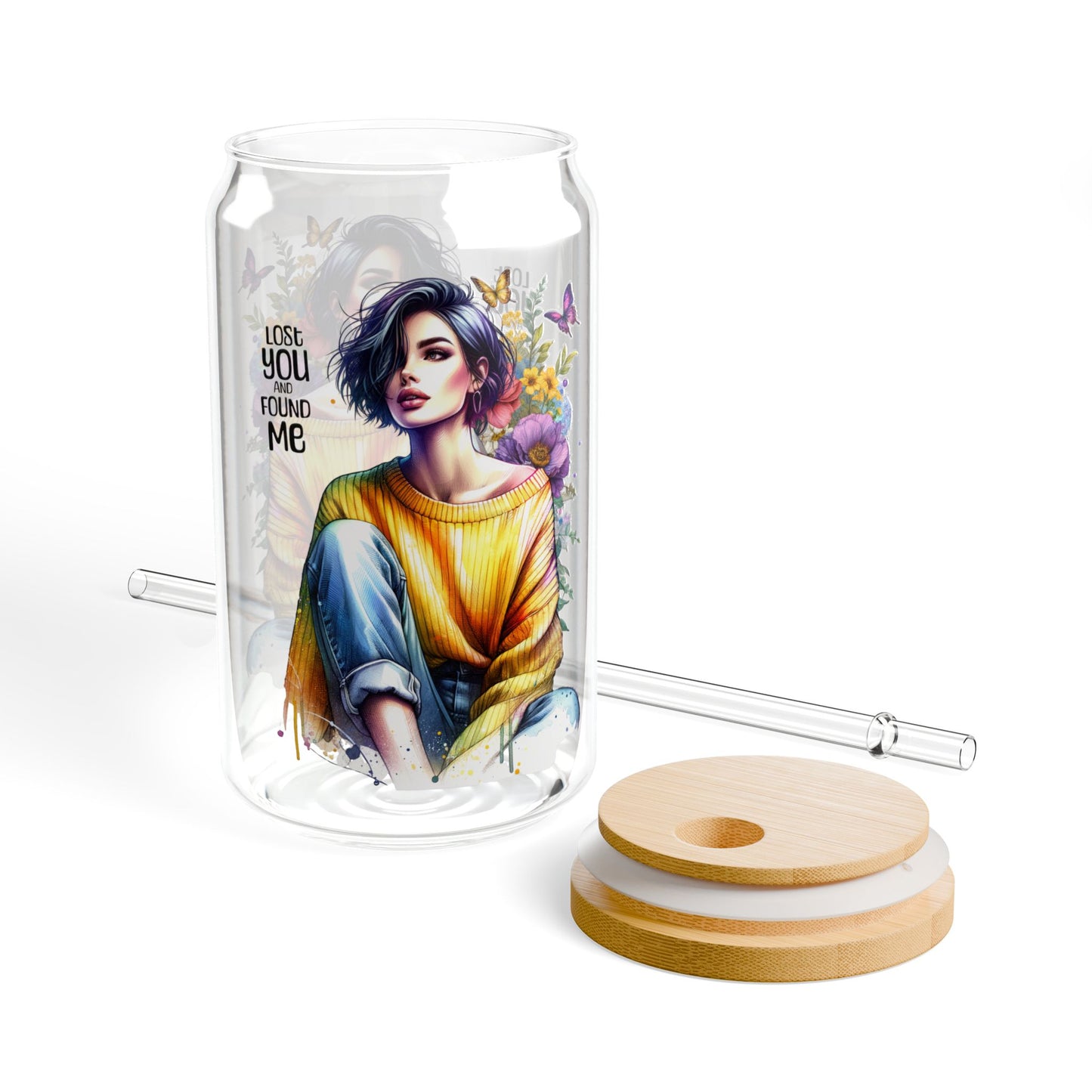 Lost You and Found Me Artistic Sipper Glass, 16oz - Floral Design Drinkware, Unique Gift for Her, Eco-Friendly Cup, Summer Beverage Glass