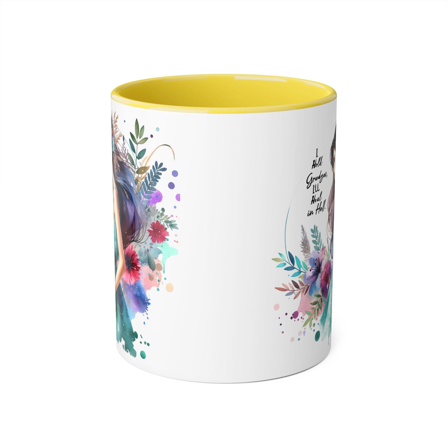 I Hold Grudges, I'll Heal in Hell Humoristic Colorful Accent Mug - Perfect Gift for Grandma, Artistic Coffee Cup, Floral Design Mug, Inspirational Quote Mug, Unique Drinkware