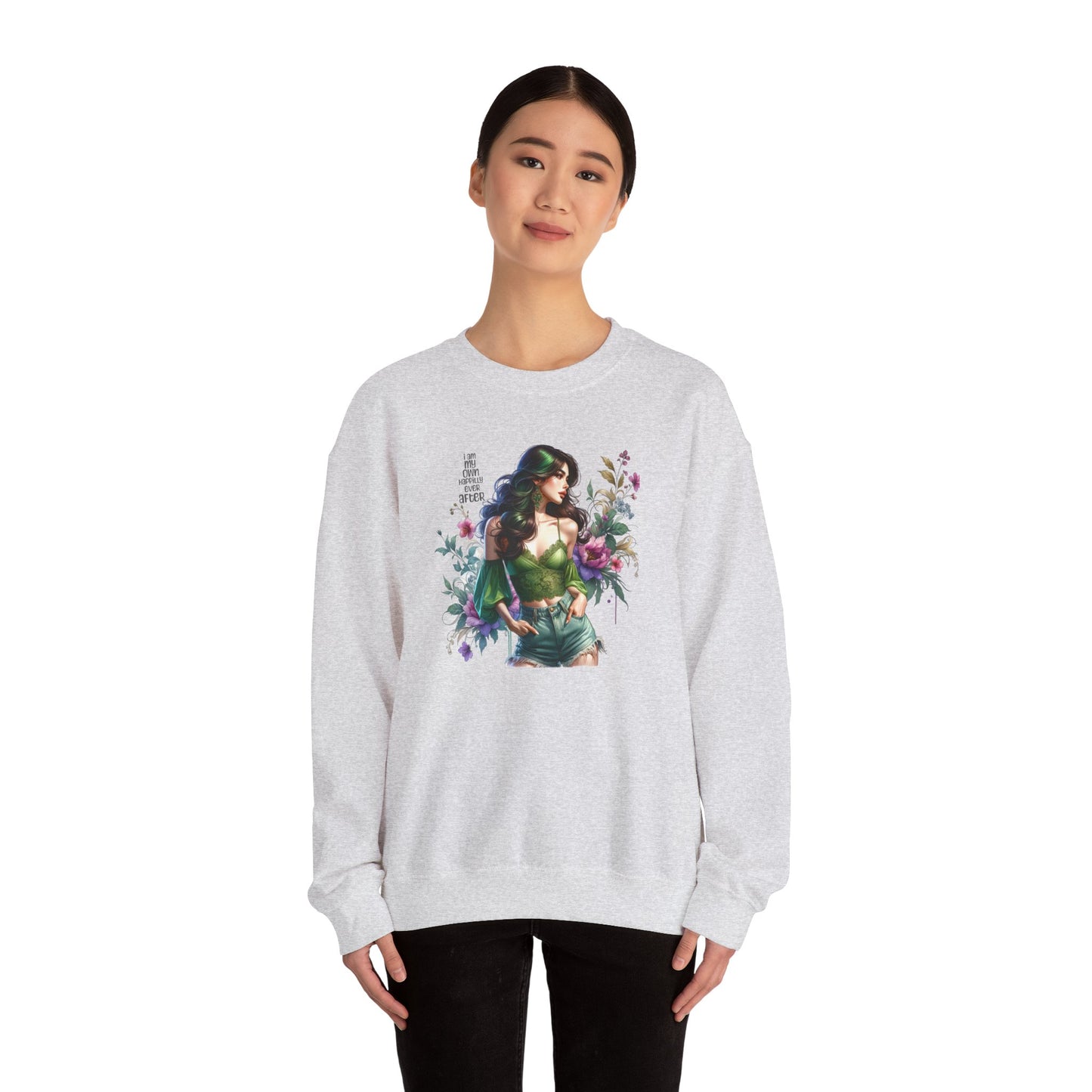 I Am My Own Happily Ever After Heroine Floral Sweatshirt | Unisex Cozy Crewneck, Gift for Her, Vintage Style, Plant Lover's Apparel, Superhero Inspired