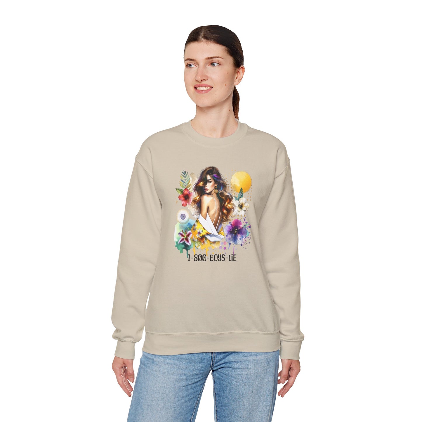 1-800-Boys-Lie Bohemian Floral Crewneck Sweatshirt, Trendy Oversized Sweater, Unique Gift for Her, Cozy Fall Apparel, Birthday & Casual Wear