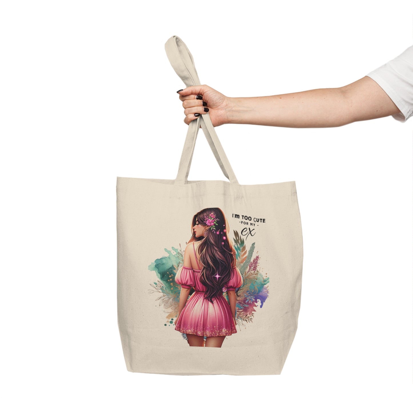 I'm Too Cute For My Ex Art Canvas Shopping Tote | Eco-Friendly Bag, Floral Tote, Gift for Her, Summer Accessory, Trendy Grocery Bag
