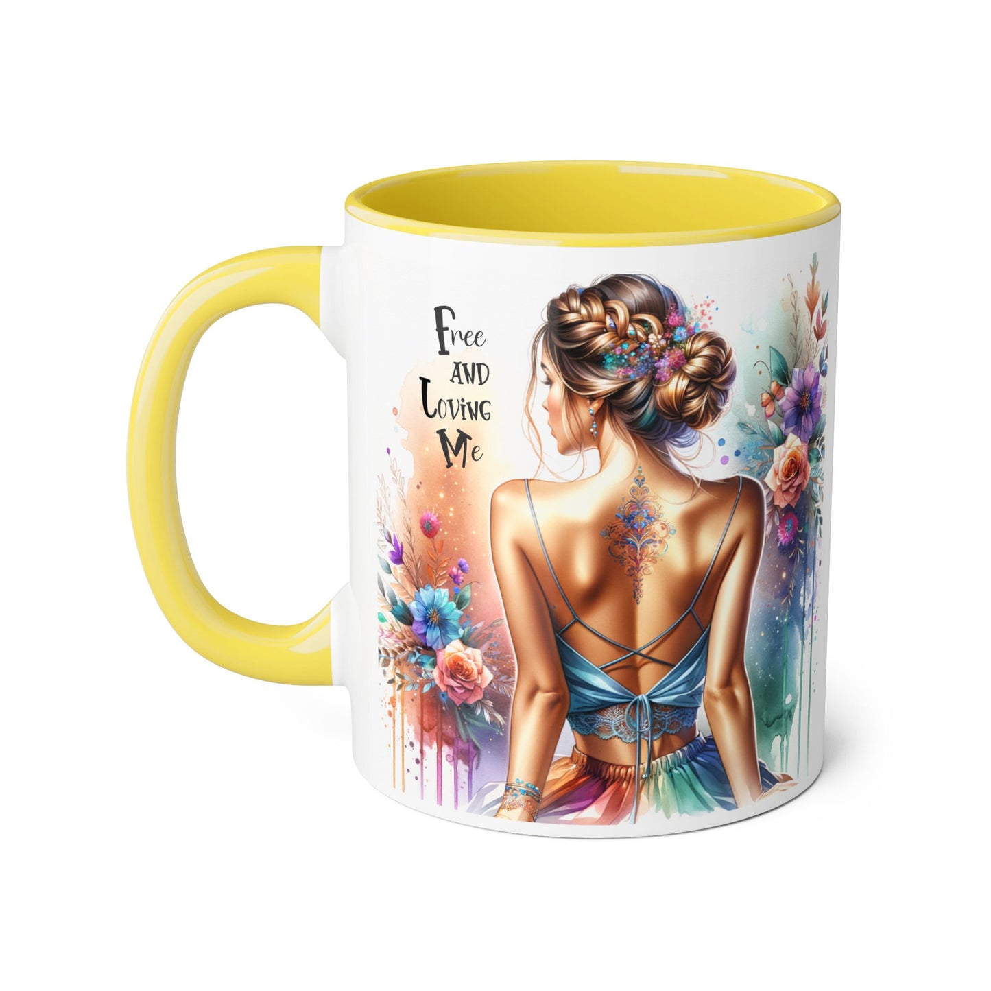 Artistic Floral Accent Mug, Free and Loving Me Ceramic Coffee Cup, Inspirational Gift, Unique Drinkware, Bohemian Style Mug