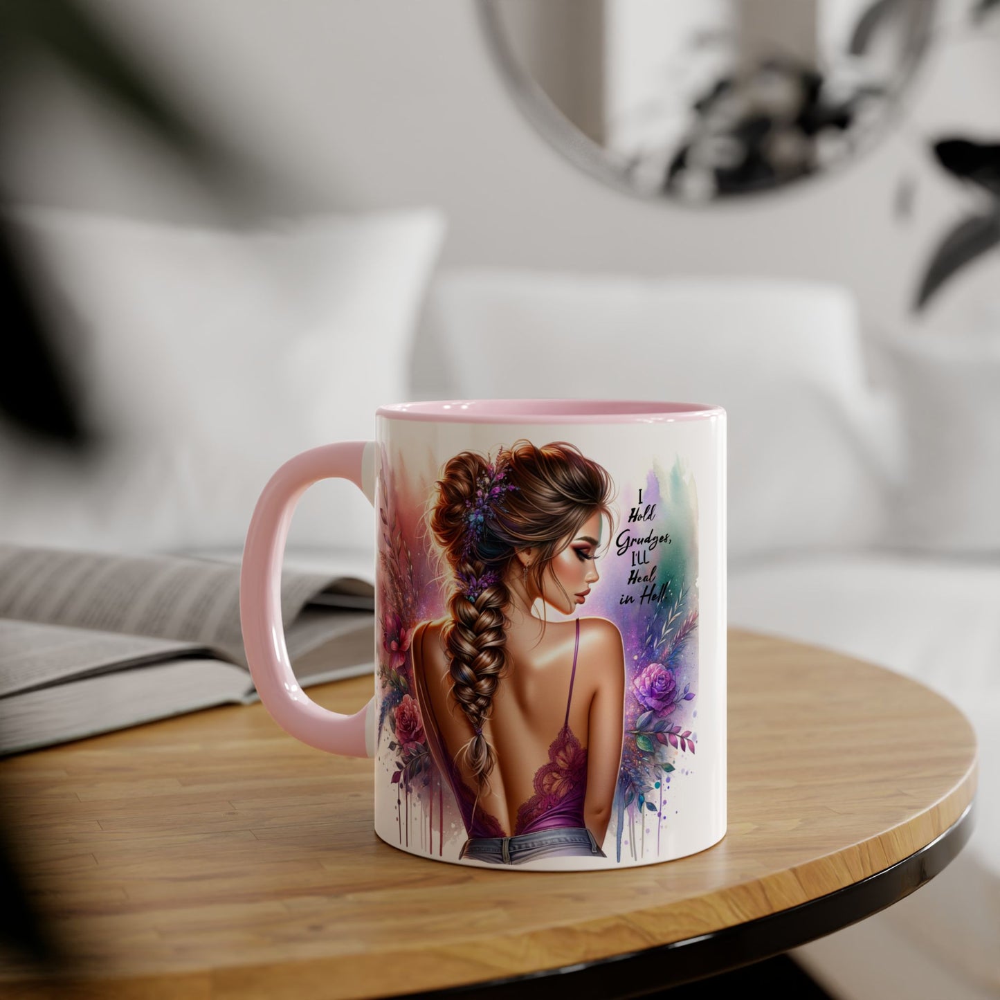 I Hold Grudges, I'll Heal in Hell Artistic Black Accent Mug, Inspirational Coffee Cup, Unique Gift for Her, Flower Design Tea Mug, Stylish Drinkware for Every Occasion