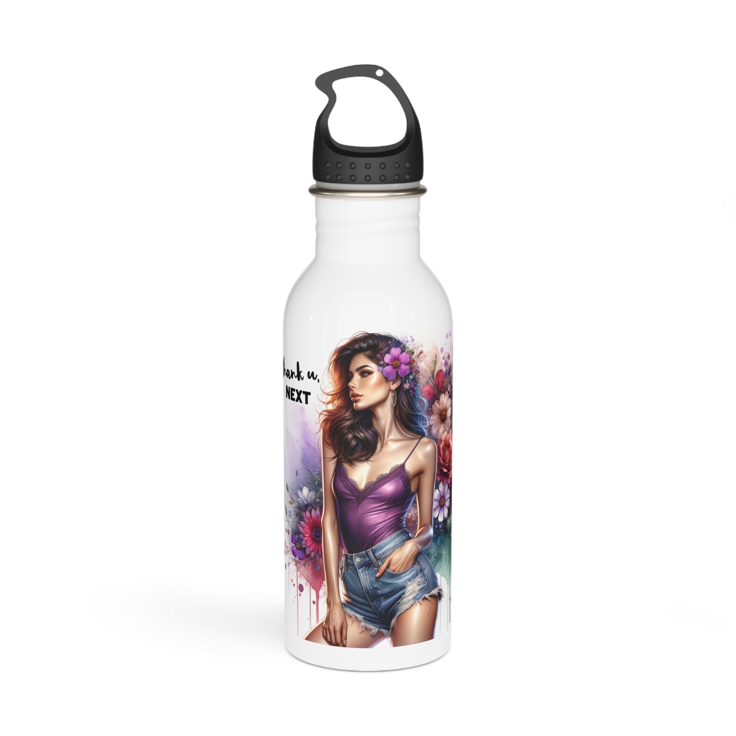 Thank U, Next Stylish Stainless Steel Water Bottle with Floral Art - Perfect for Gifts, Gym, Yoga, Hydration on the Go, Eco-Friendly