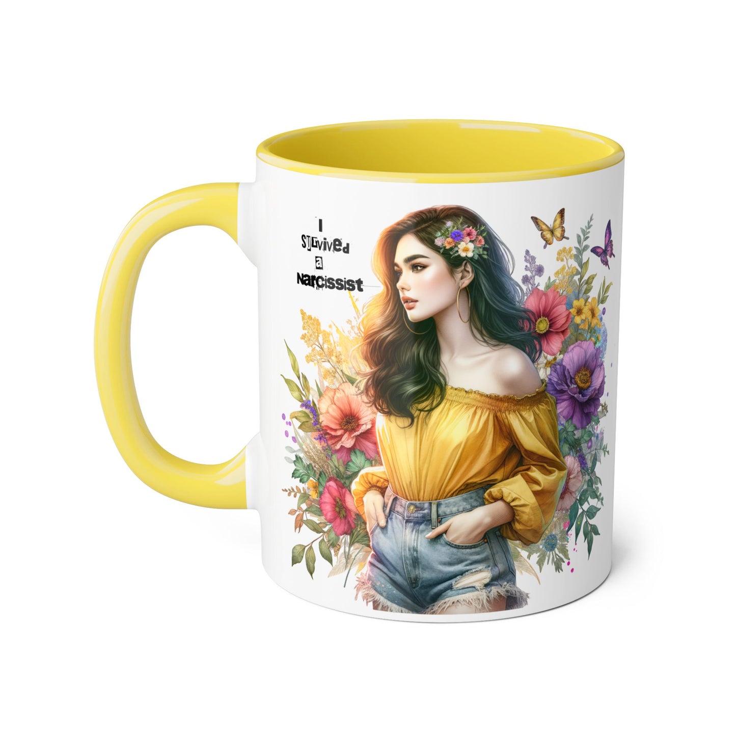 I Survived a Narcissist Chic Floral Accent Mug | Bohemian Coffee Cup, Gift for Her, Narcissist Humor, Home Decor, Artful Drinkware