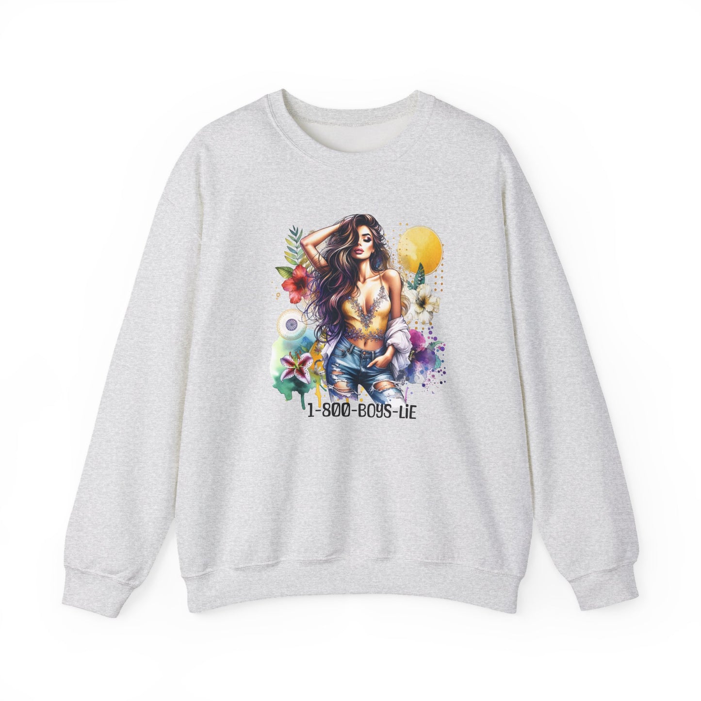 1-800-Boys-Lie Boho Chic Crewneck Sweatshirt with Floral Design, Unisex Gift, Self-Love Apparel, Cozy Casual Wear, Perfect for Relaxation