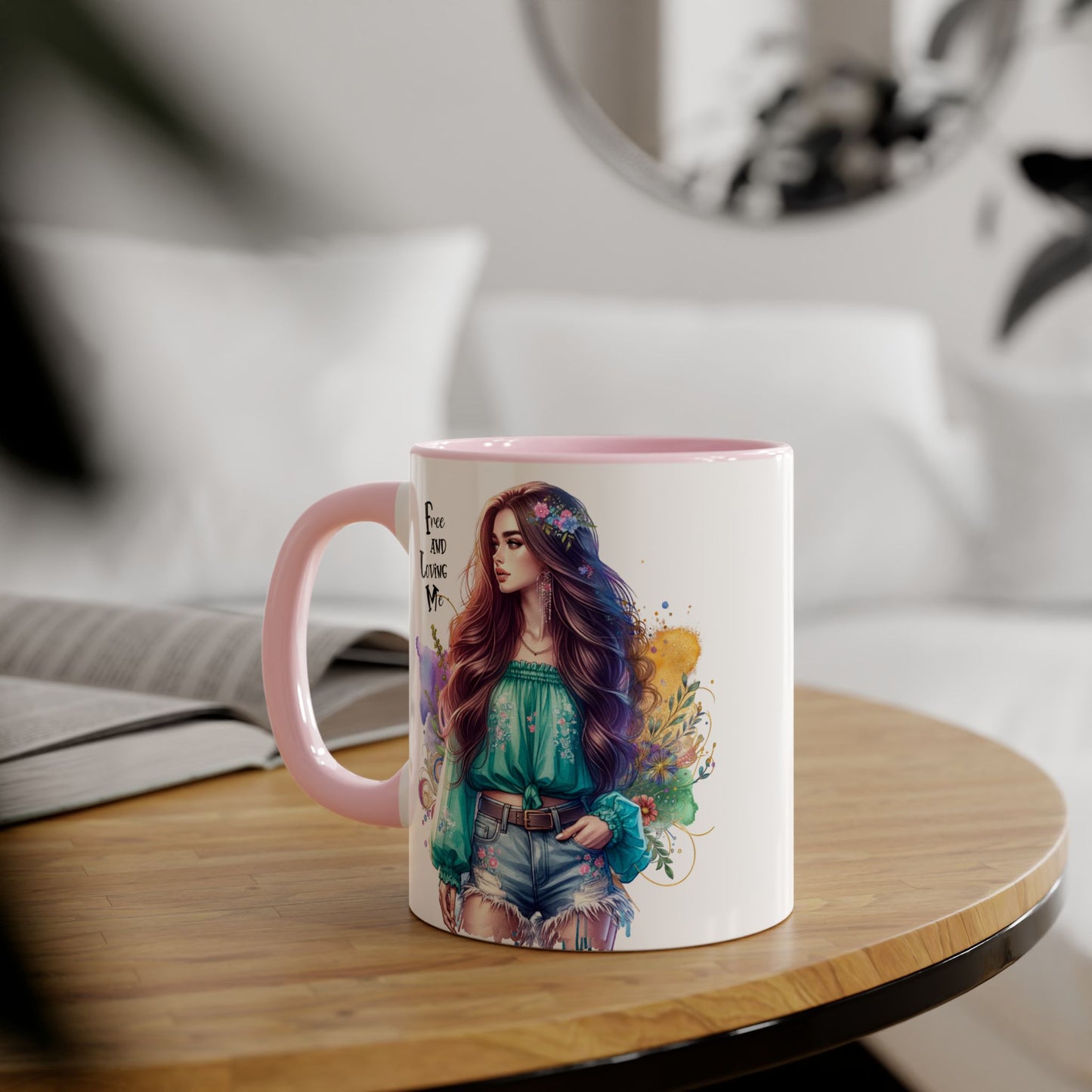 Free and Loving Me Bohemian Accent Mug with Inspirational Quote, Free and Love Me, Unique Gift for Coffee Lovers, Artistic Mugs for Women, Colorful Drinkware