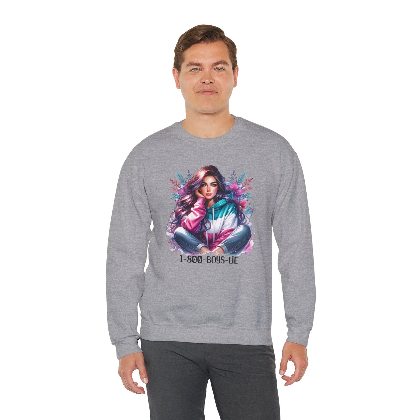 Chic Graphic Crewneck Sweatshirt - 1-800-BOYS-LIE, Cozy Sweatshirt, Fashion Sweatshirt, Casual Wear, Unique Gift, Trendy Outfit