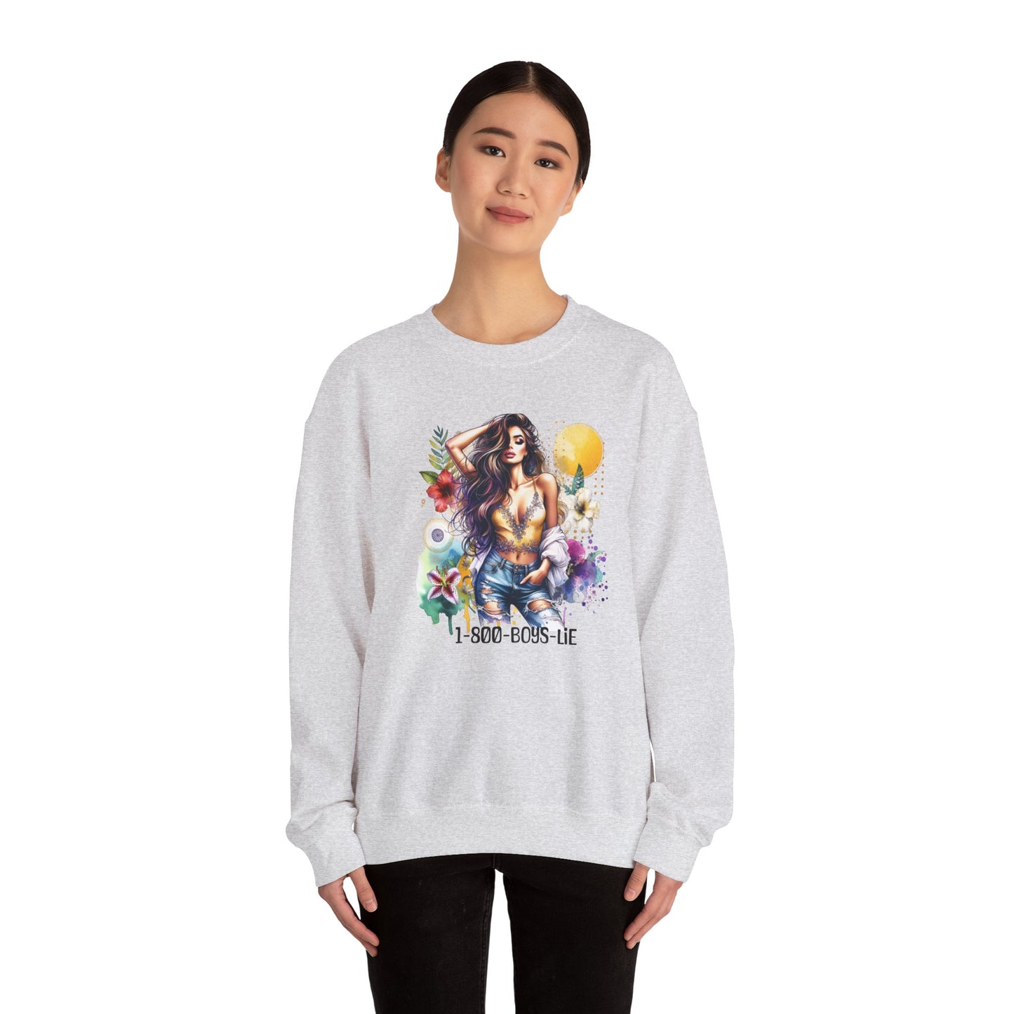 1-800-Boys-Lie Boho Chic Crewneck Sweatshirt with Floral Design, Unisex Gift, Self-Love Apparel, Cozy Casual Wear, Perfect for Relaxation