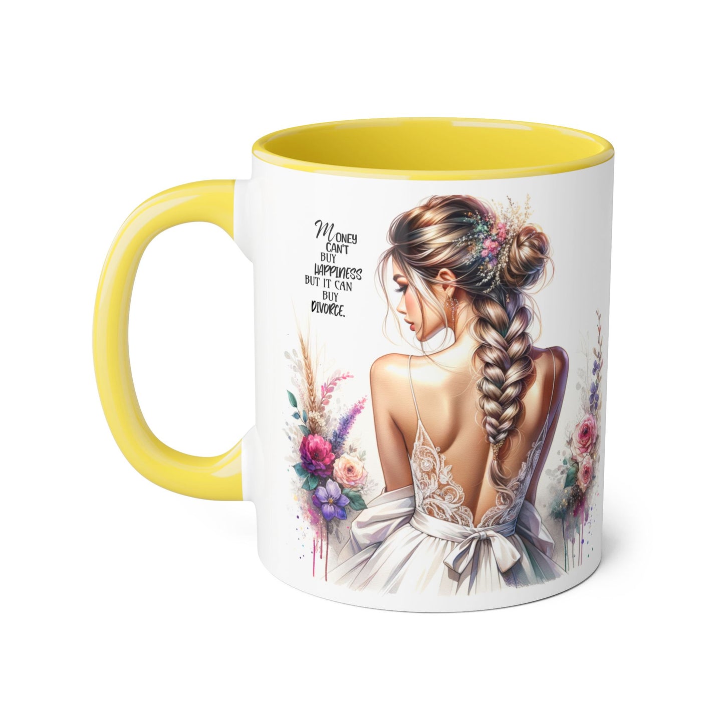 Money Can't Buy Happiness But It Can Buy Divorce Humoristic Elegant Floral Accent Mug, Inspirational Gift, Coffee Cup for Brides, Wedding Favors, Self-Care Reminder, Home Décor
