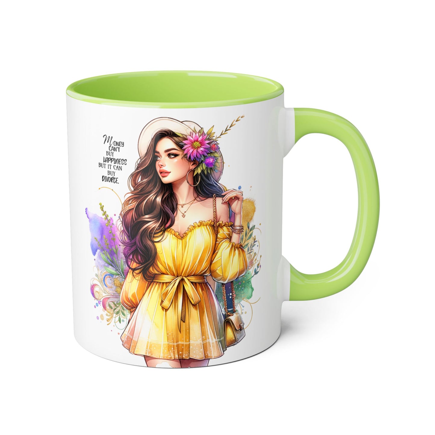 Money Can't Buy Happiness But It Can Buy Divorce Humoristic Bohemian Accent Mug, Motivational Artwork, Gift for Friends, Inspirational Coffee Cup, Floral Design, Home Decor