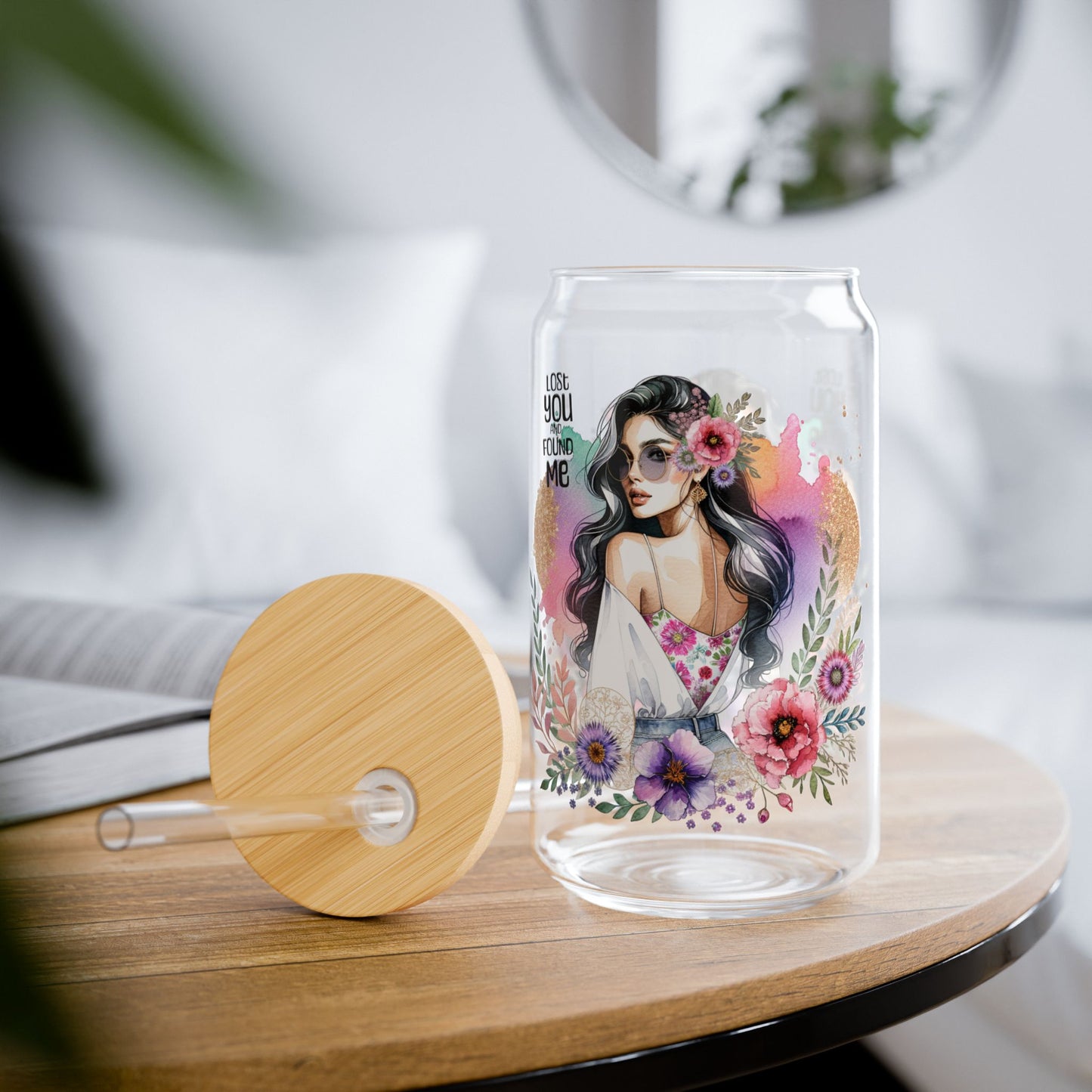 Lost You and Found Me Boho Floral Sipper Glass with Straw, 16oz, Art Glass Drinkware for Home & Parties, Vibrant Floral Design, Gift for Her, Summer Vibes