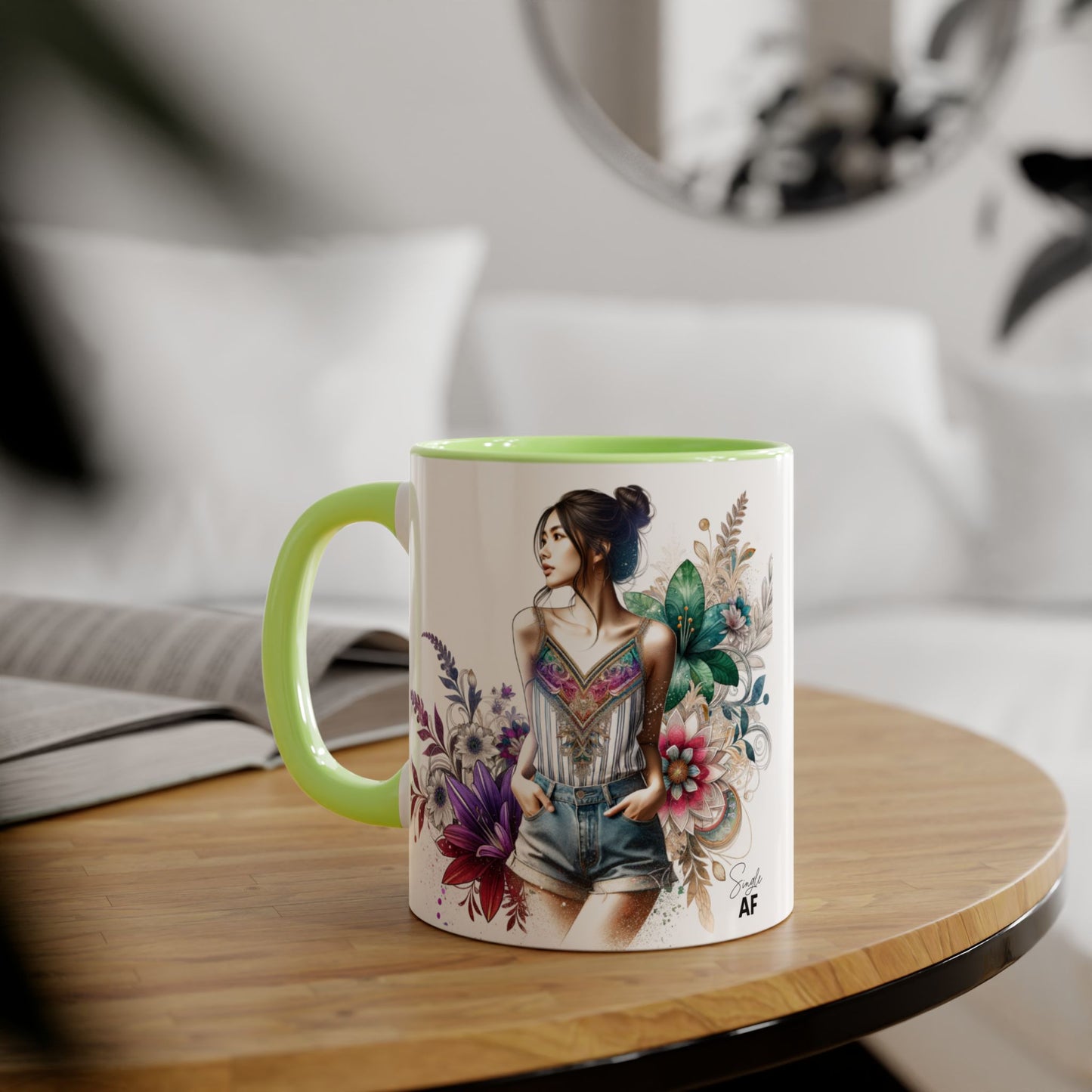 Single AF Boho Flower Accent Mug - Artistic Coffee Cup, Floral Design, Gift for Her, Birthday, Home Decor, Unique Artwork, 11oz