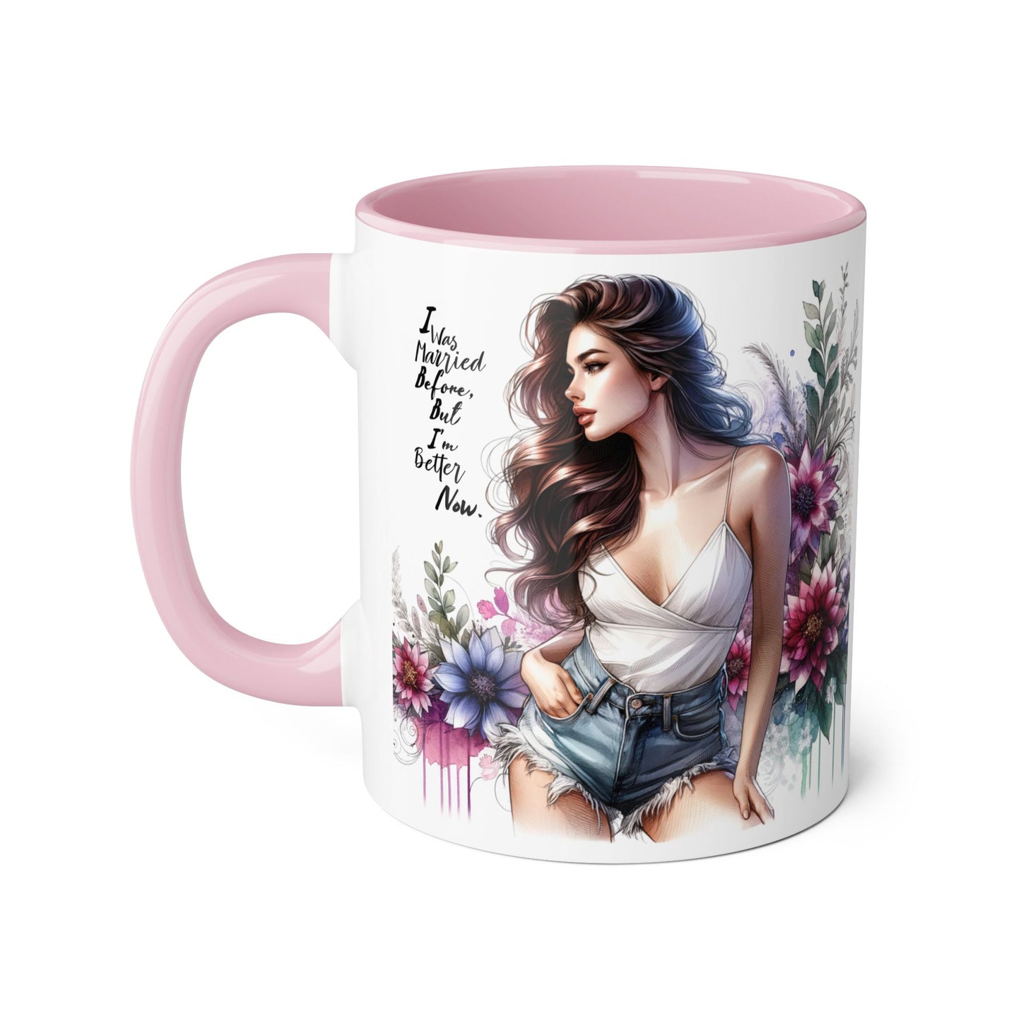 I Was Married Before But I'm Better Now Humoristic Elegant Floral Accent Mug - Inspirational Quote Coffee Cup, Gift for Her, Home Office Decor, Self-Care, Birthday Present