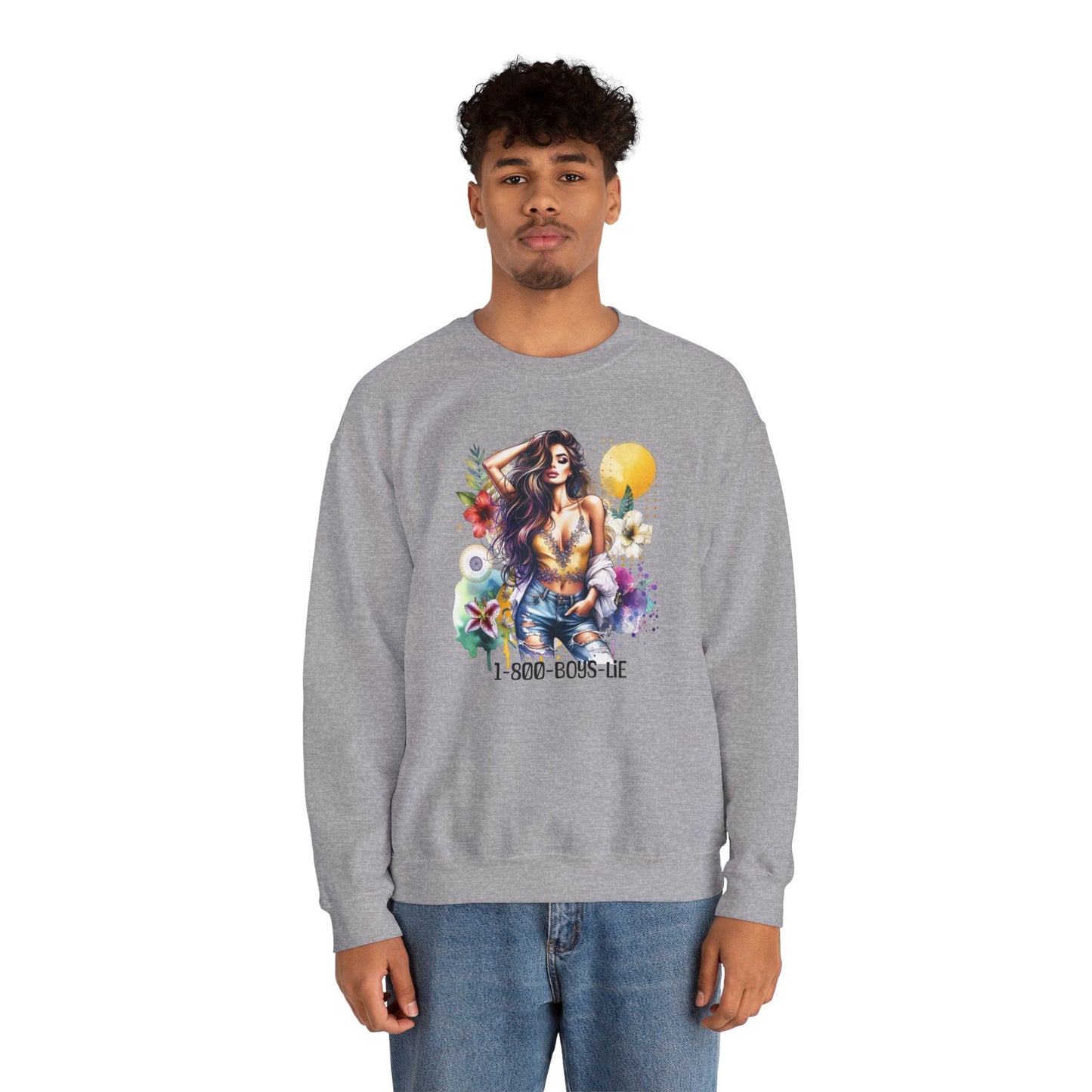 1-800-Boys-Lie Boho Chic Crewneck Sweatshirt with Floral Design, Unisex Gift, Self-Love Apparel, Cozy Casual Wear, Perfect for Relaxation