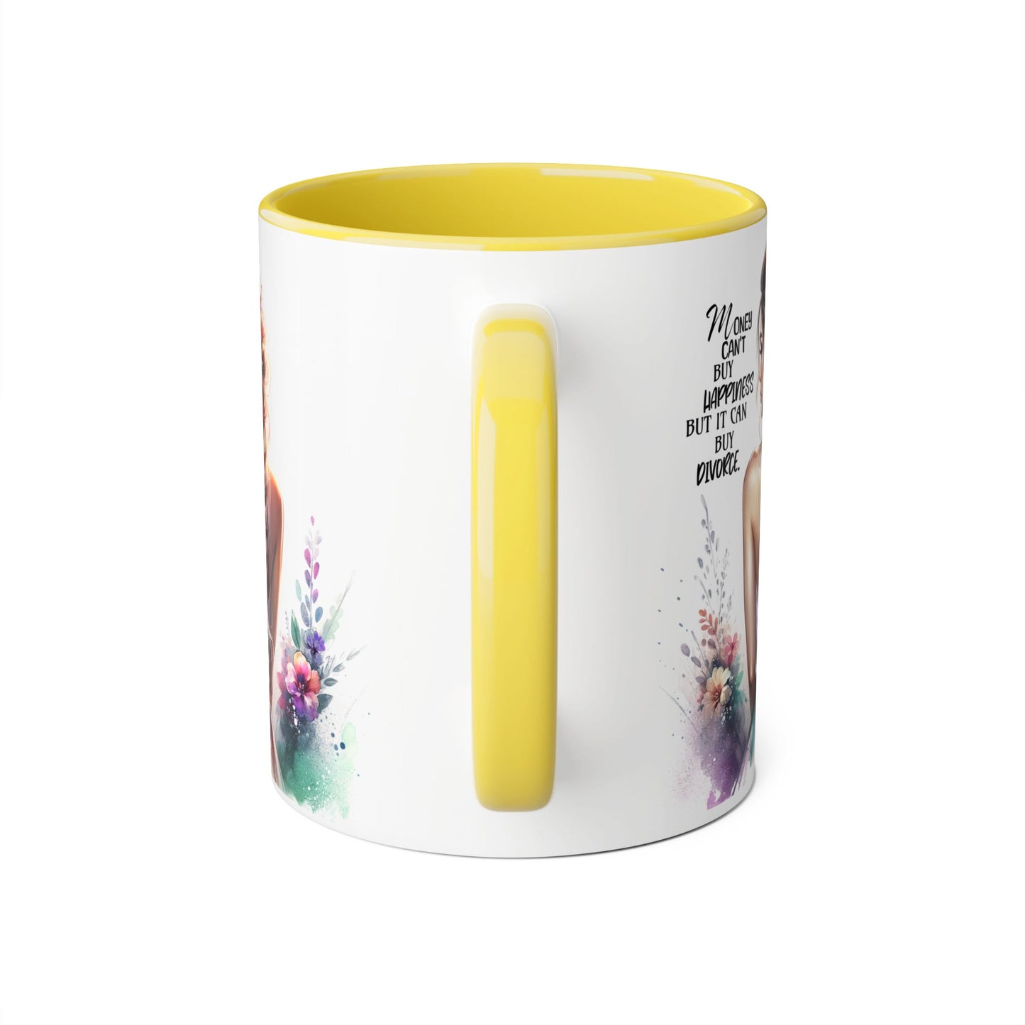 Money Can't Buy Happiness But It Can Buy Divorce Humoristic Inspirational Floral Accent Mug, 11oz Coffee Cup for Moms, Uplifting Gift for Mother's Day, Motivational Drinkware, Unique Art Mug