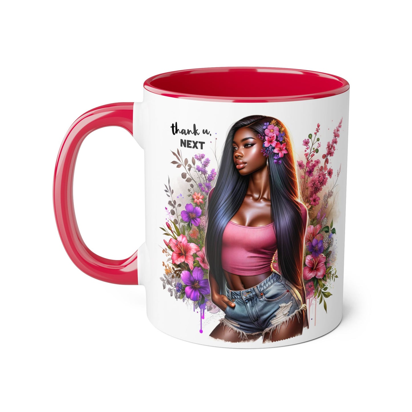 Thank U, Next Floral Accent Mug, Thank U Next Quote, Gift for Her, Coffee Cup, Unique Art, Black Handle Mug