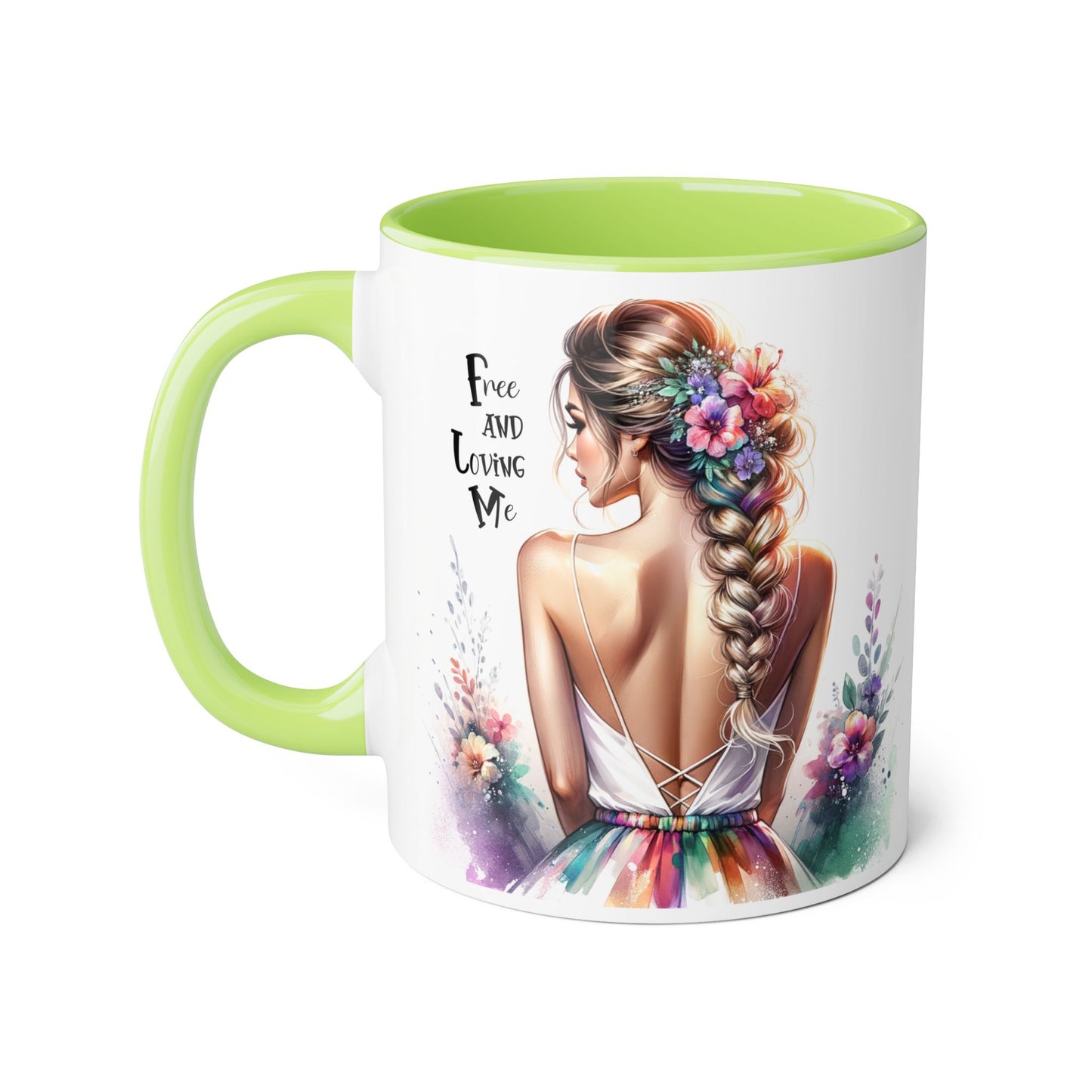 Free and Loving Me Floral Art Accent Mug - Inspirational Drinkware for Home and Gifts, Coffee Mug, Tea Cup, Birthday Present, Motivational Quote
