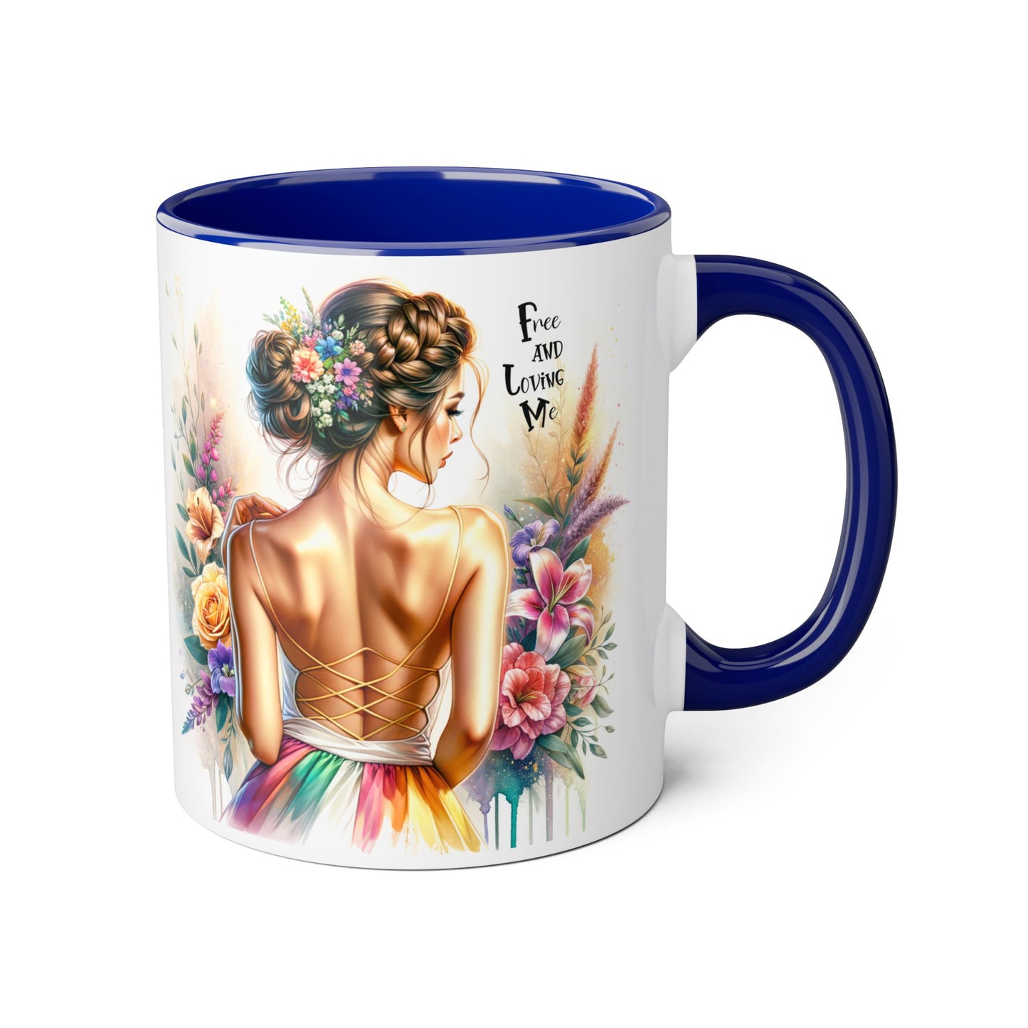Free and Loving Me Empowering Quote Accent Mug, Inspirational Coffee Mug, Floral Design Mug, Unique Gift for Women, Motivational Drinkware
