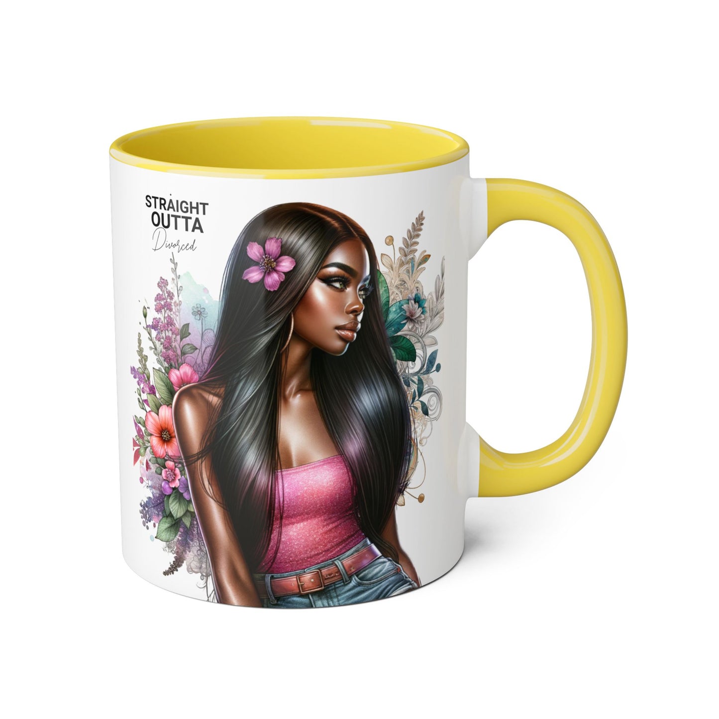 Straight Outta Divorced Humoristic Vibrant Statement Mug, Black Handle Coffee Cup, Floral Art Beverage Mug, Gift for Her, Inspirational Drinkware, Birthday Mug
