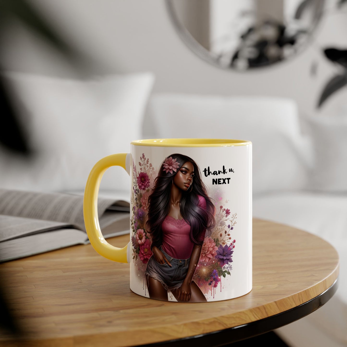 Thank U, Next Floral Artistic Accent Mug, Thank You Next Coffee Cup, Colorful Gift for Her, Boho Style Ceramic Mug, Unique Tea Mug