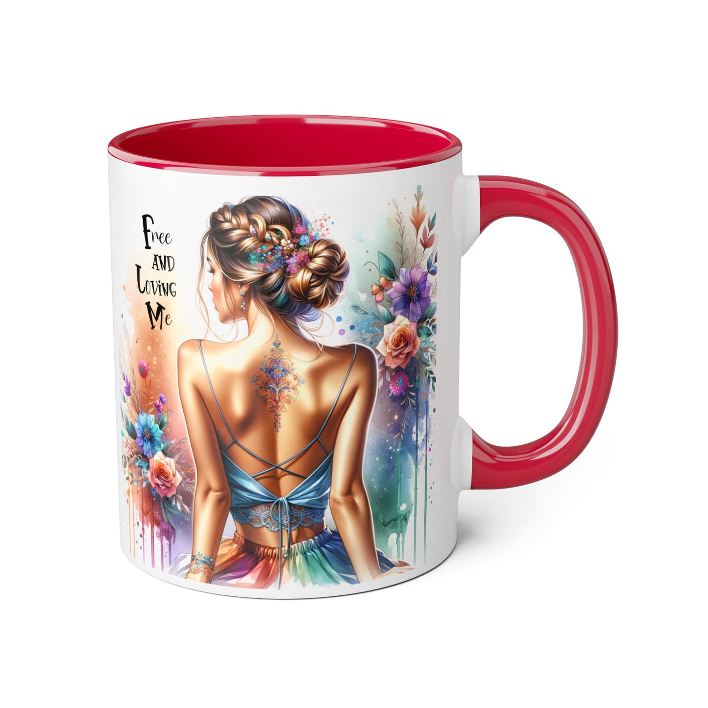 Artistic Floral Accent Mug, Free and Loving Me Ceramic Coffee Cup, Inspirational Gift, Unique Drinkware, Bohemian Style Mug