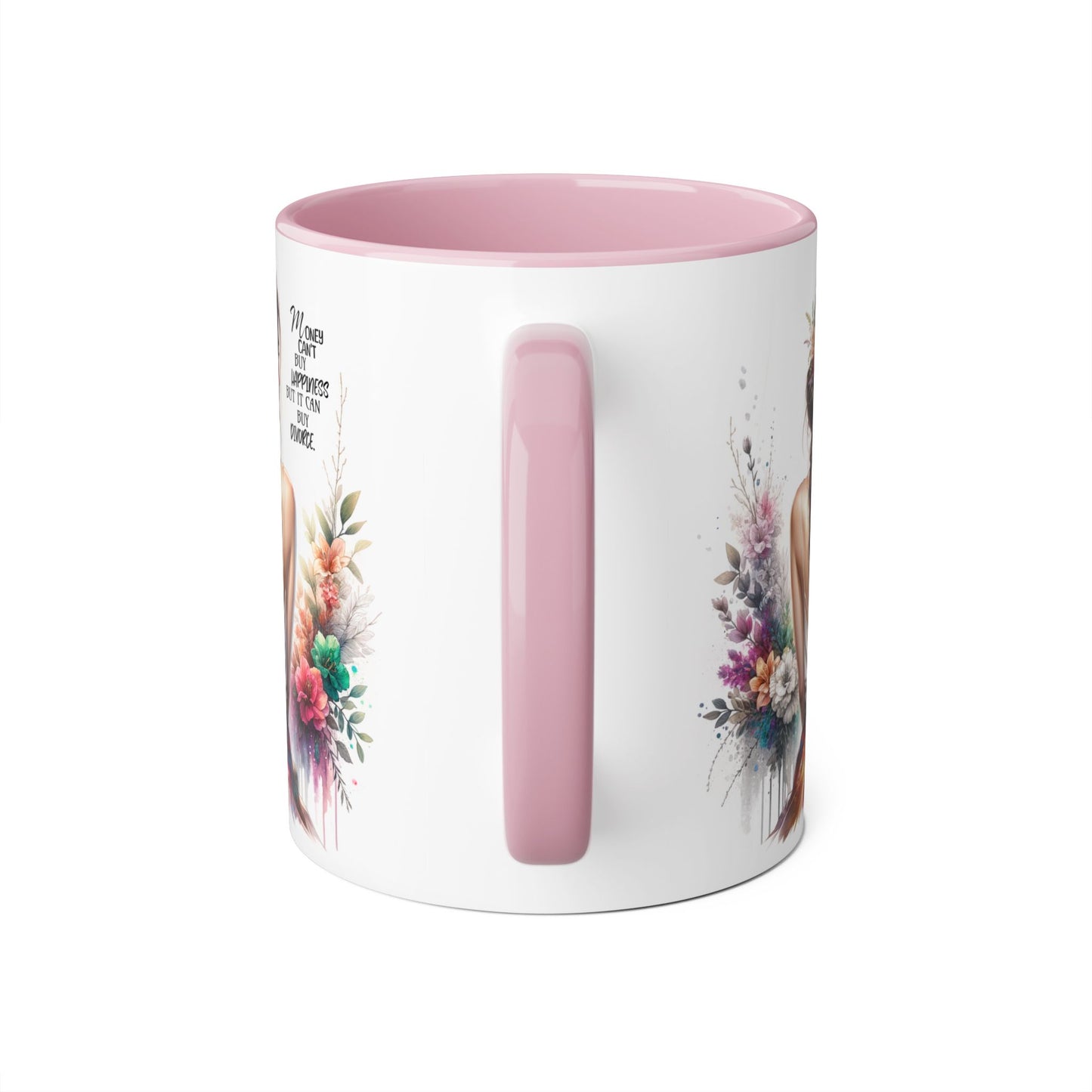 Money Can't Buy Happiness But It Can Buy Divorce Humoristic Inspirational Accent Mug, 11oz Coffee Cup for Women, Gift for Her, Floral Design, Motivational Quote Mug, Birthday Gift
