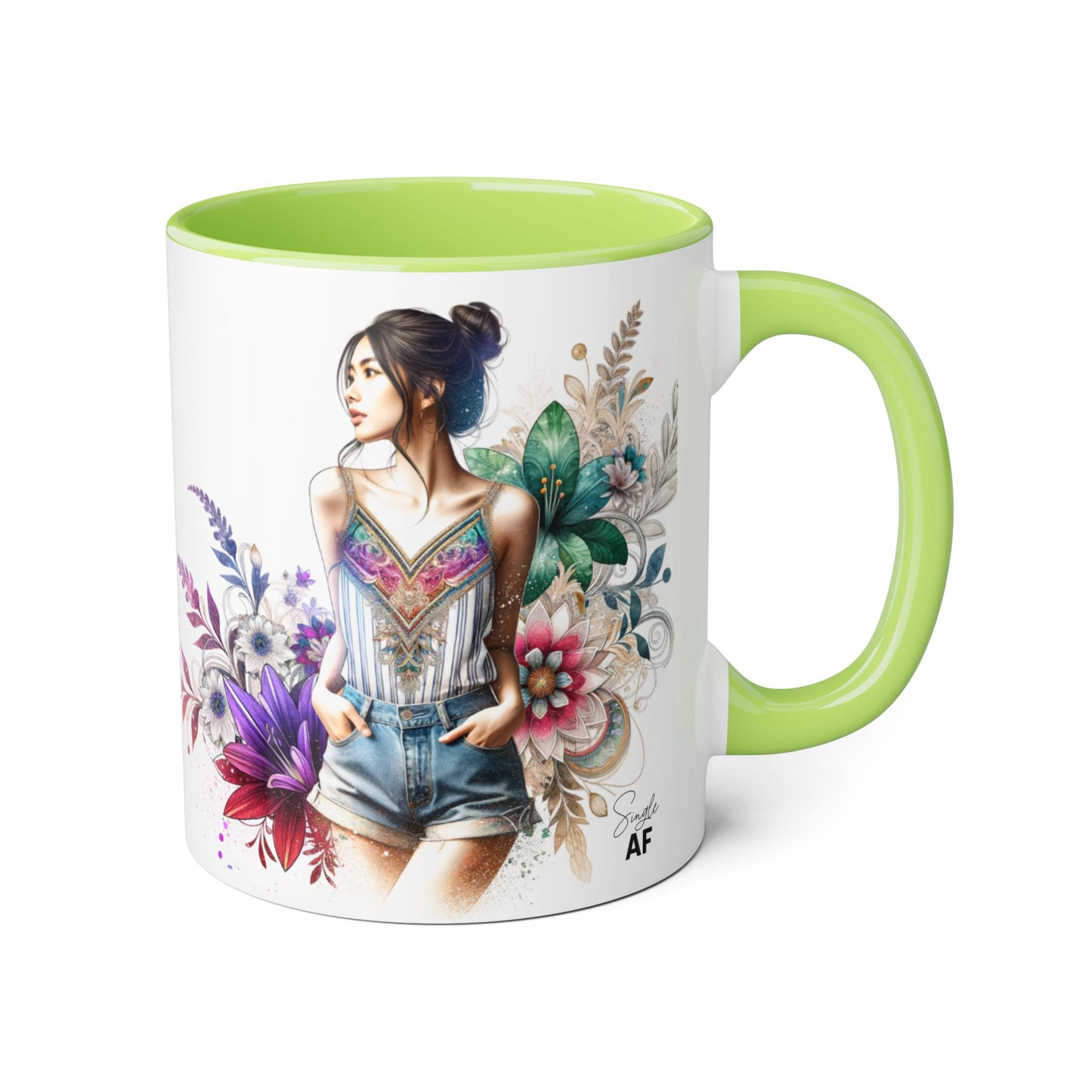 Single AF Boho Flower Accent Mug - Artistic Coffee Cup, Floral Design, Gift for Her, Birthday, Home Decor, Unique Artwork, 11oz