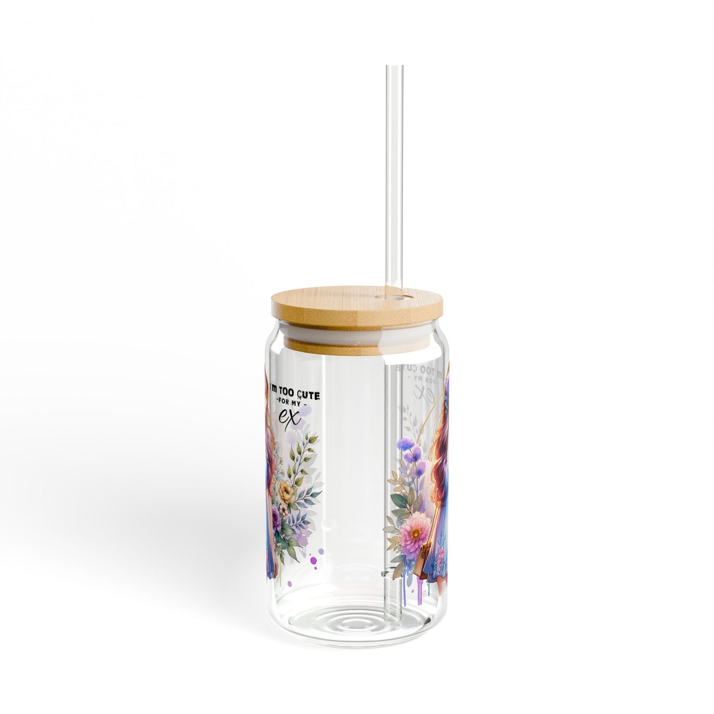 I'm Too Cute For My Ex Floral Sipper Glass, 16oz - Personalized Drinkware for Women, Summer Picnic, Handcrafted Gift, Eco-Friendly, Cute Beverage Container