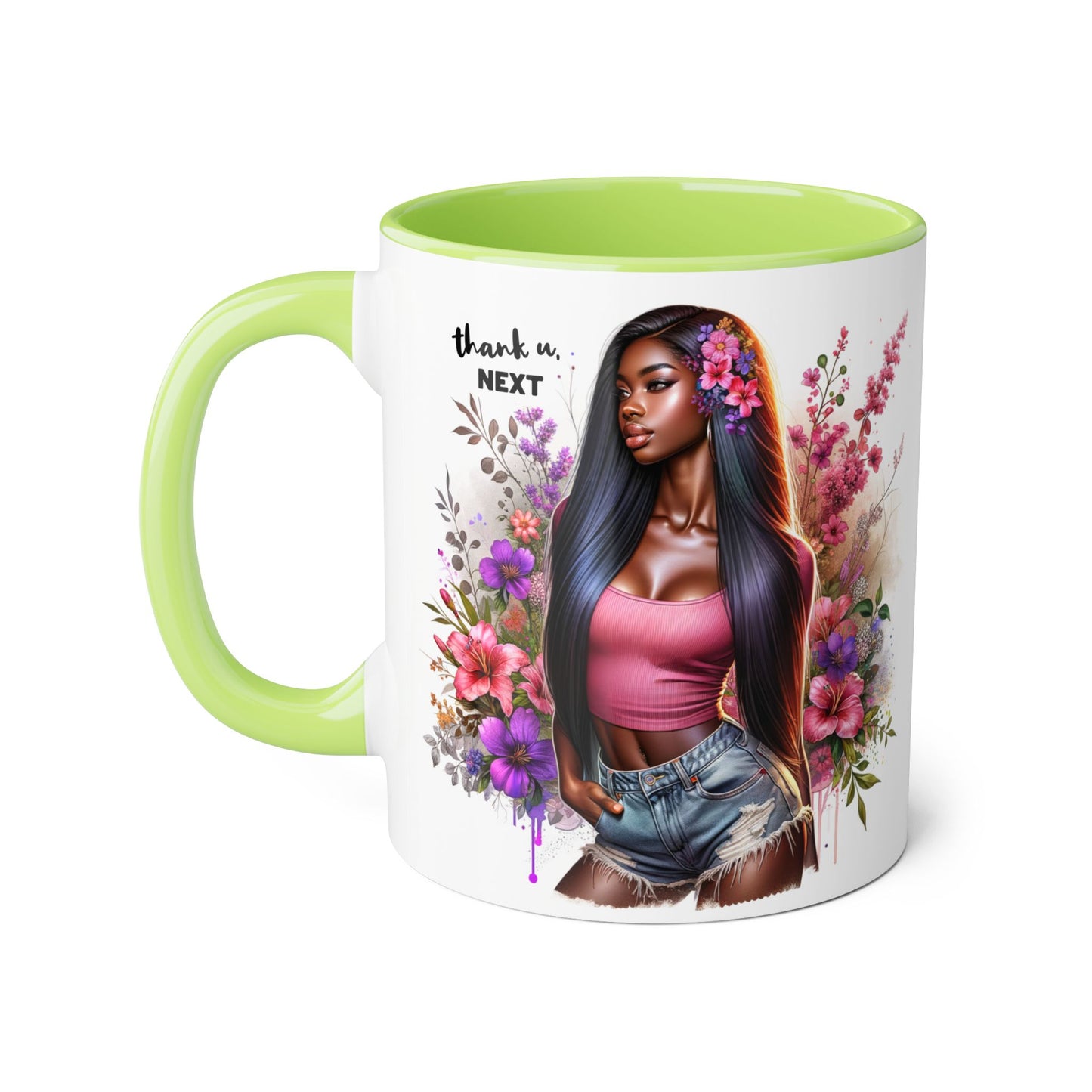 Thank U, Next Floral Accent Mug, Thank U Next Quote, Gift for Her, Coffee Cup, Unique Art, Black Handle Mug