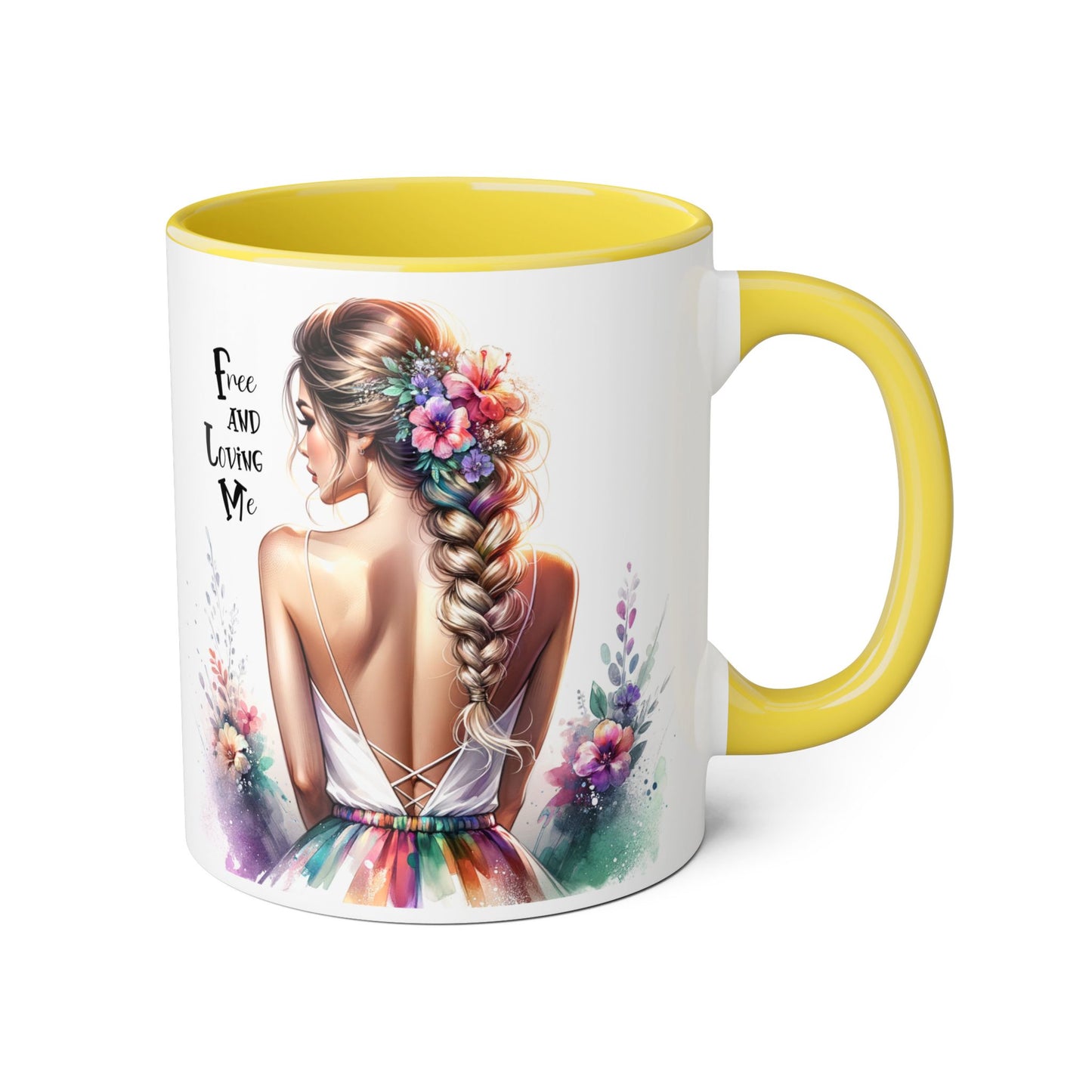 Free and Loving Me Floral Art Accent Mug - Inspirational Drinkware for Home and Gifts, Coffee Mug, Tea Cup, Birthday Present, Motivational Quote