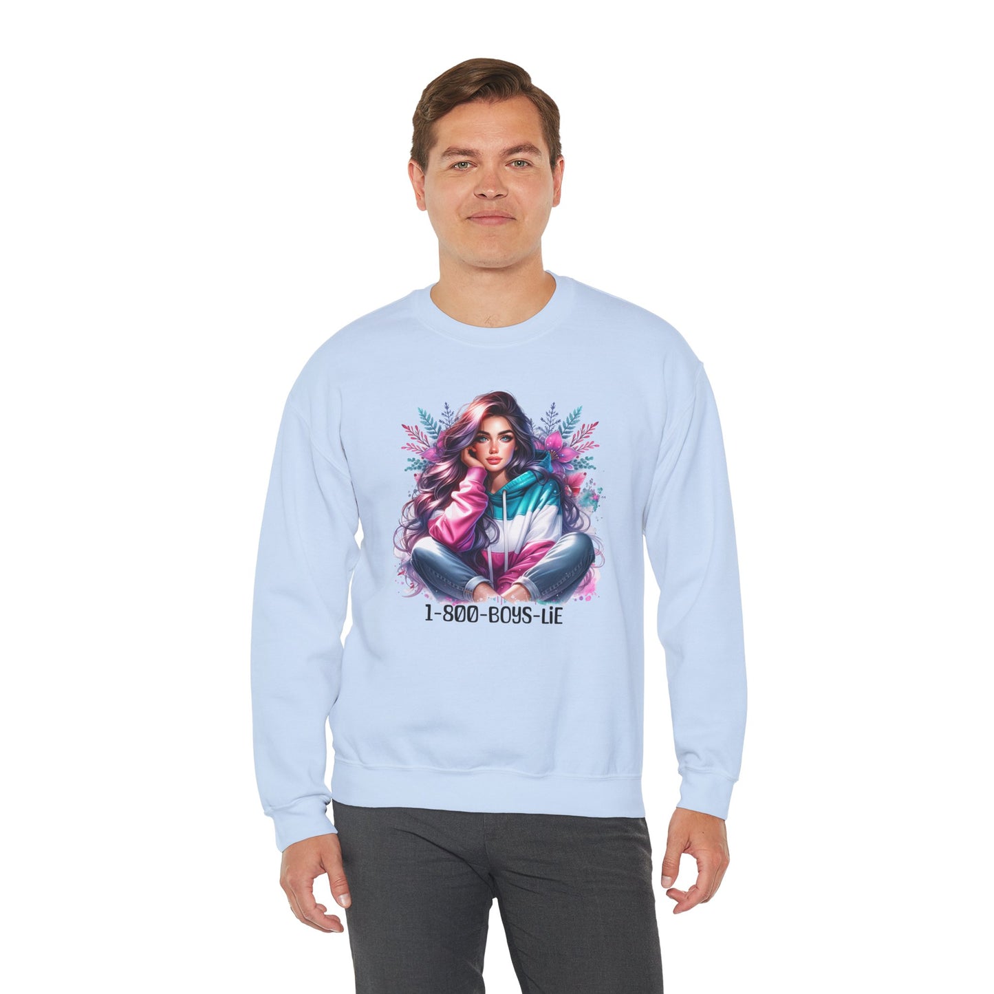Chic Graphic Crewneck Sweatshirt - 1-800-BOYS-LIE, Cozy Sweatshirt, Fashion Sweatshirt, Casual Wear, Unique Gift, Trendy Outfit